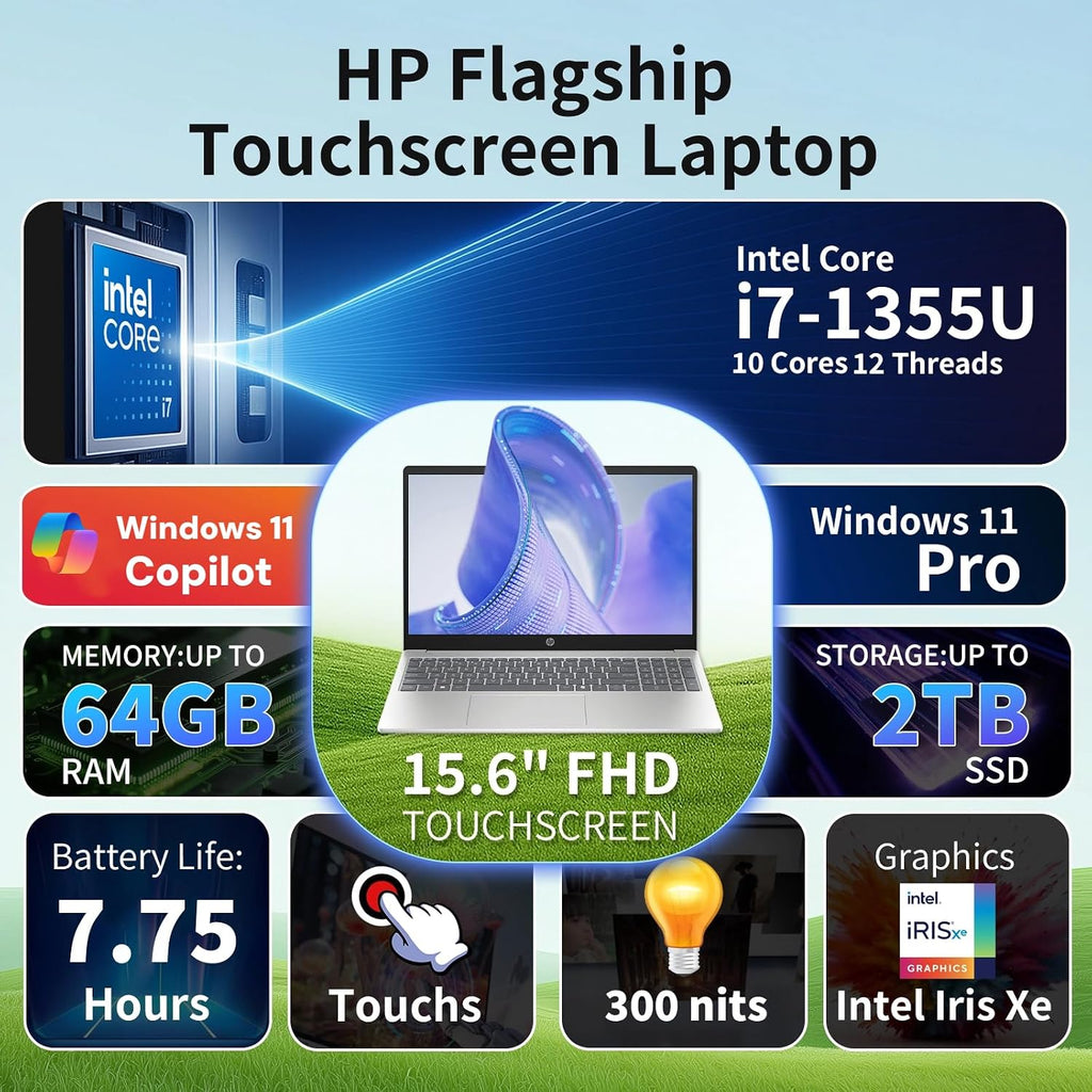 HP Flagship Touchscreen Laptop for Business - 15.6' FHD IPS Touchscreen • Intel 10-Core i7 1355U • Intel Iris Xe Graphics • Windows 11 Pro • Copilot+ PC • Wi-Fi 6 • Bluetooth • 32GB RAM + 2TB SSD