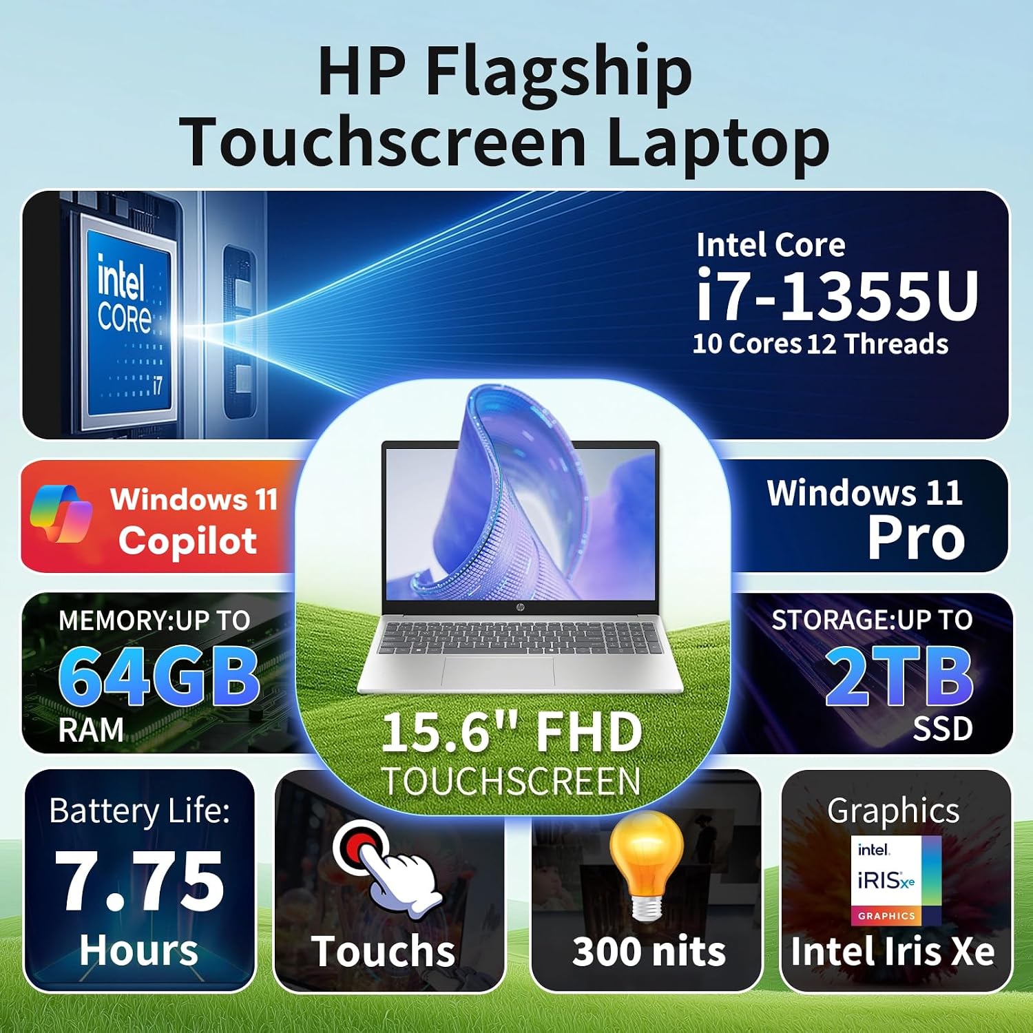 HP Flagship Touchscreen Laptop for Business - 15.6' FHD IPS Touchscreen • Intel 10-Core i7 1355U • Intel Iris Xe Graphics • Windows 11 Pro • Copilot+ PC • Wi-Fi 6 • Bluetooth • 32GB RAM + 2TB SSD