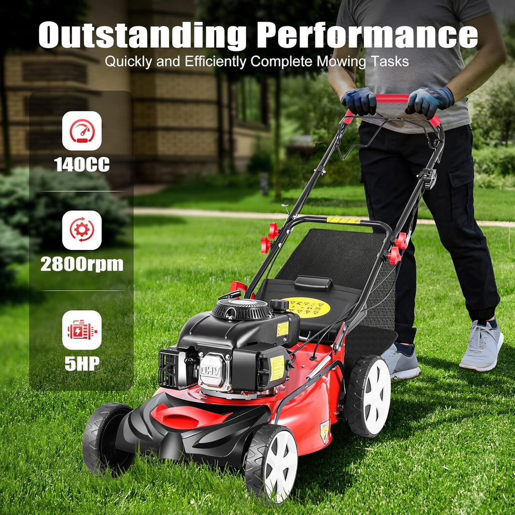 5HP 4-Stroke Self-propelled Gas Lawn Mower, 20 Inch 140cc High Wheel Lawnmower Single Cylinder Gas Walk Behind Handle Lawn Mowers w/60L Capacity Bag & 8 Gears Height Adjustable for Lawn Weeding