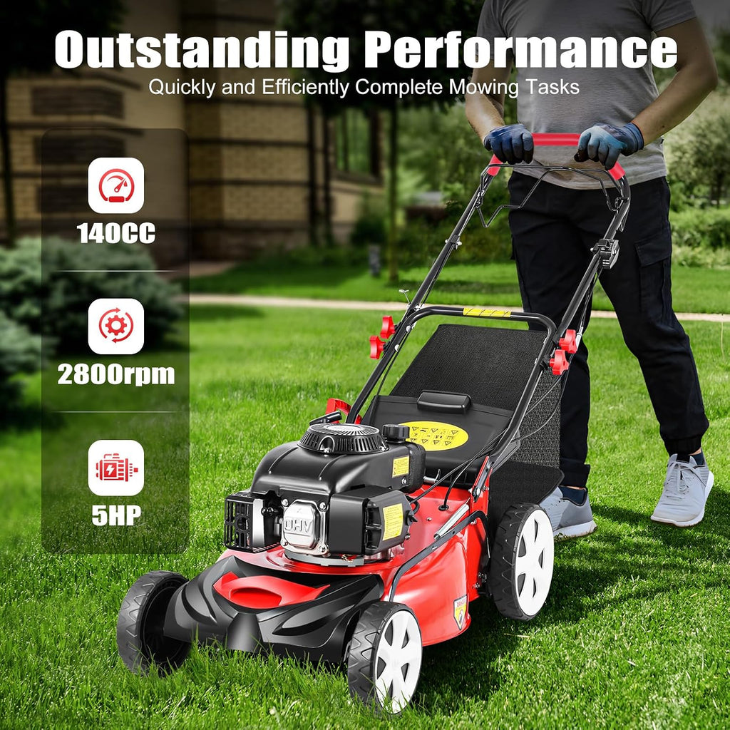 20-Inch Self Propelled Gas Lawn Mower, 140CC 4-Stroke Engine, 3-in-1 Mulching, Side Discharge, and Rear Bagging, 8-Position Height Adjustable for Yard & Garden