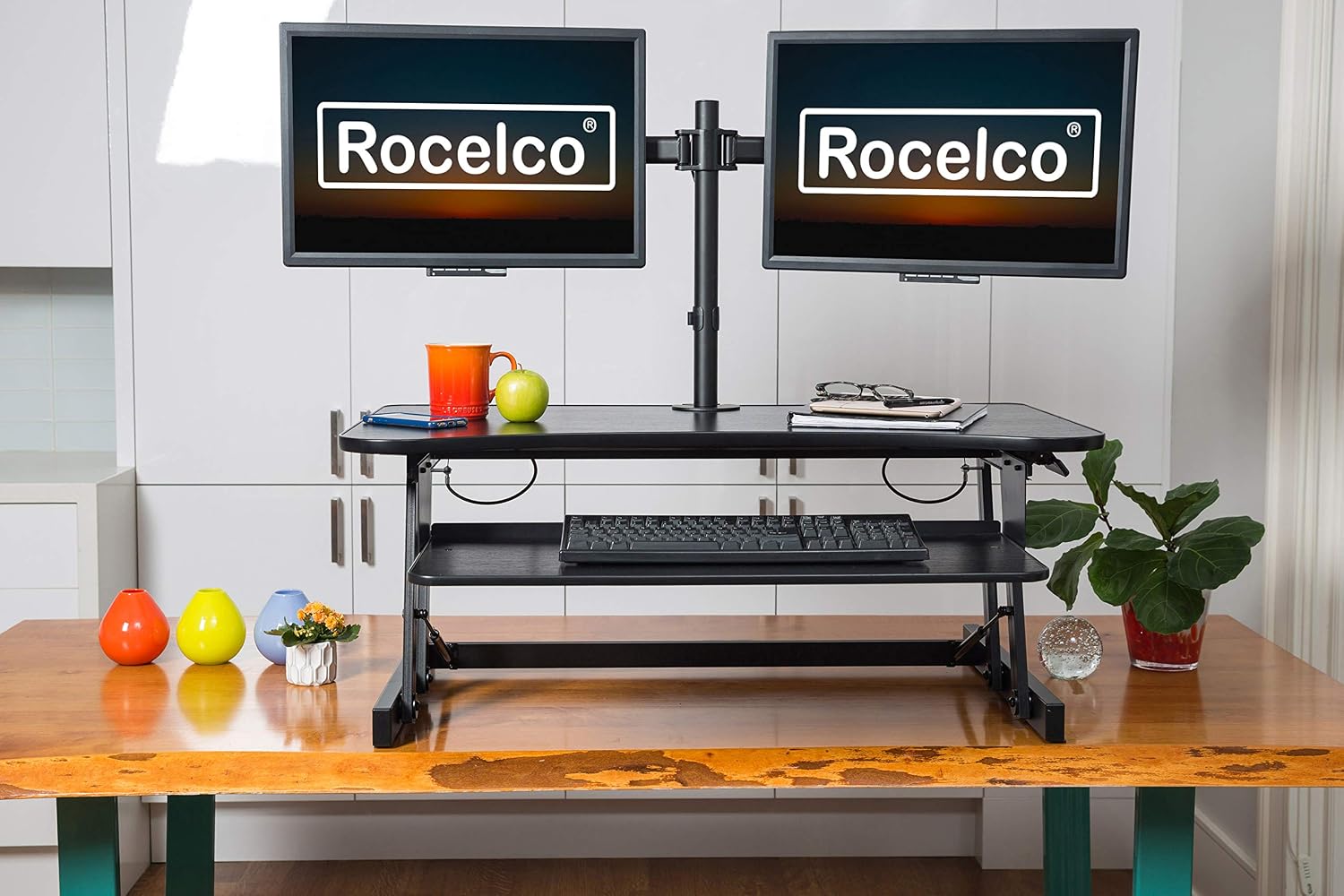 Rocelco 40' Large Height Adjustable Standing Desk Converter with Dual Monitor Mount BUNDLE - Quick Sit Stand Up Computer Workstation Riser - Retractable Keyboard Tray - Black (R DADRB-40-DM2)