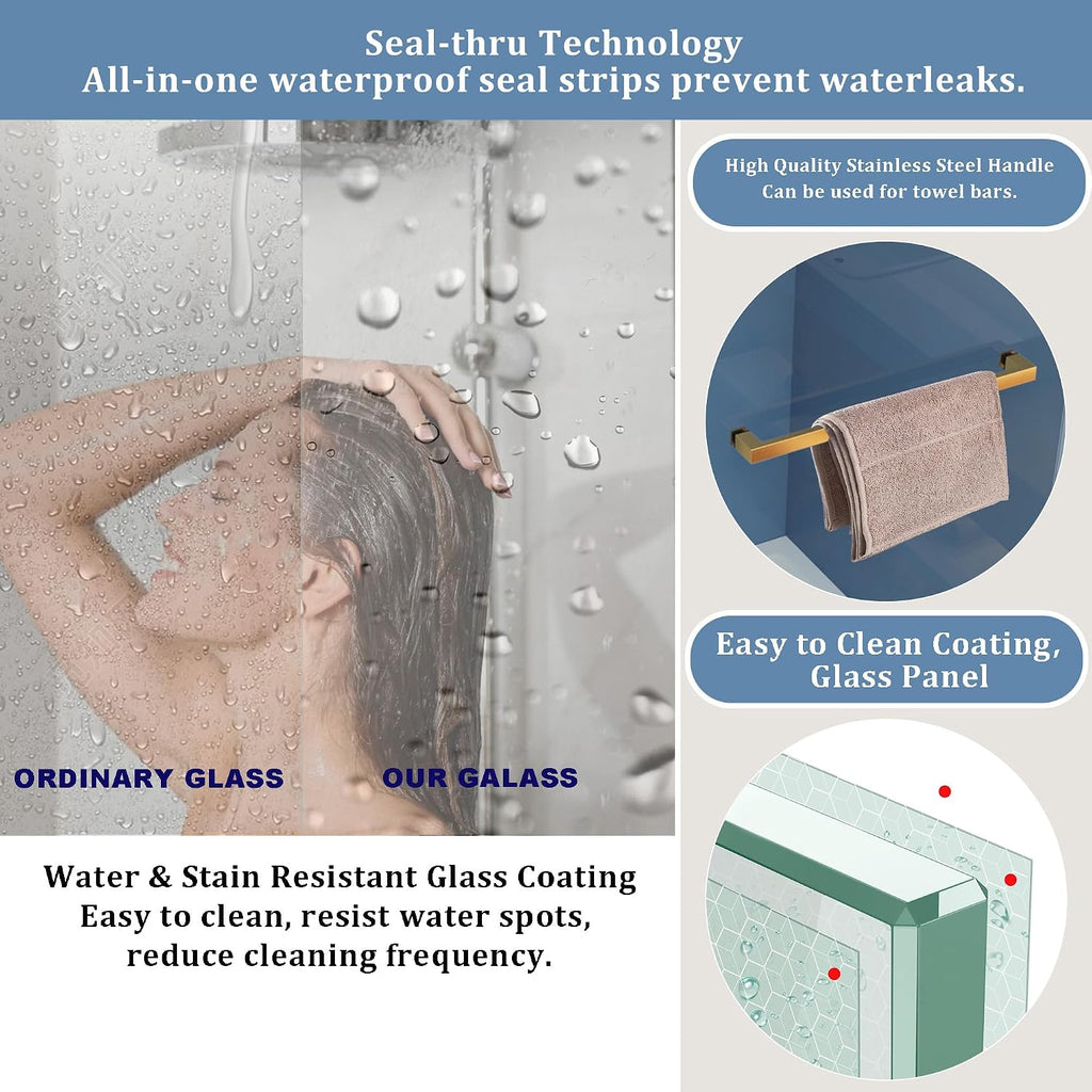 Shower Door, 56-61 'W x 72 'H, SGCC Certified 3/8' (10 mm) Clear Tempered Glass, 1 Towel Bar Handle, 1 Finger Pull, Frameless Double Sliding Shower Door,Stainless Steel Brushed Gold Finish