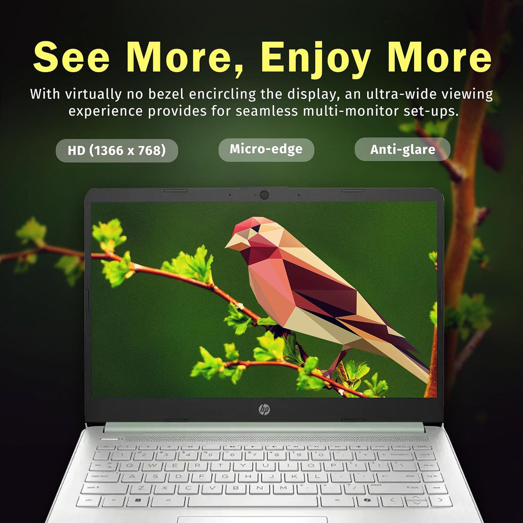 HP 14-inch Ultra Light Laptop W/1 Year Office 365&AI-Copilot, Intel Processor N150, 16GB RAM, 416GB Storage (128GB UFS + 288GB Docking Set), HD Camera, Long Battery Life, Wi-Fi 6, Win 11s, Green