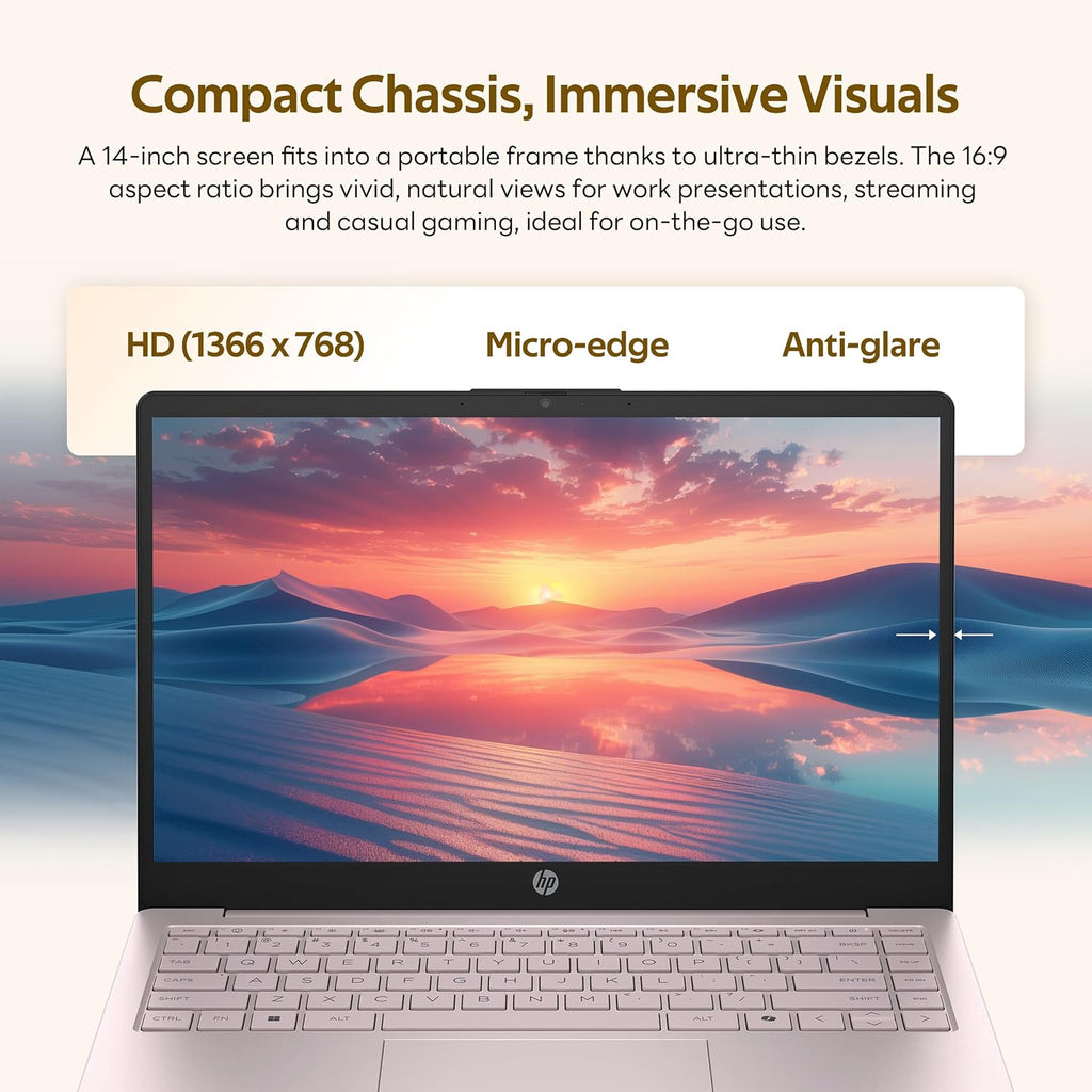 HP Flagship 14' HD Student&Business Laptop with AI Copilot, 13th Gen Intel 4-Core, 4GB RAM, 256GB Storage (128GB UFS + 128GB Docking Station), 1 Year Office 365, 720p Webcam, Win 11, Tranquil Pink