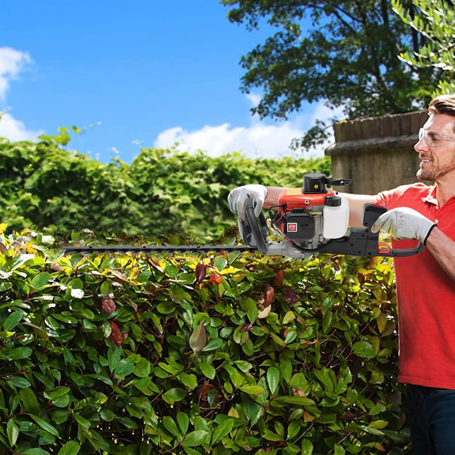 Gas Hedge Trimmer,22.5CC Dual Sided Blade Hedge Trimmer,Handheld,Lightweight,with Shock Absorbers Inside Glasses & Gloves, Recoil Gasoline Hedge Trimmer for Gardening Modeling, Greening Pruning