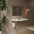 48' Console Bathroom Sink, Freestanding Console Sink With Stainless Brushed Gold Legs, Modern Bathroom Vanity with 3 Tap Holes, White Ceramic Basin