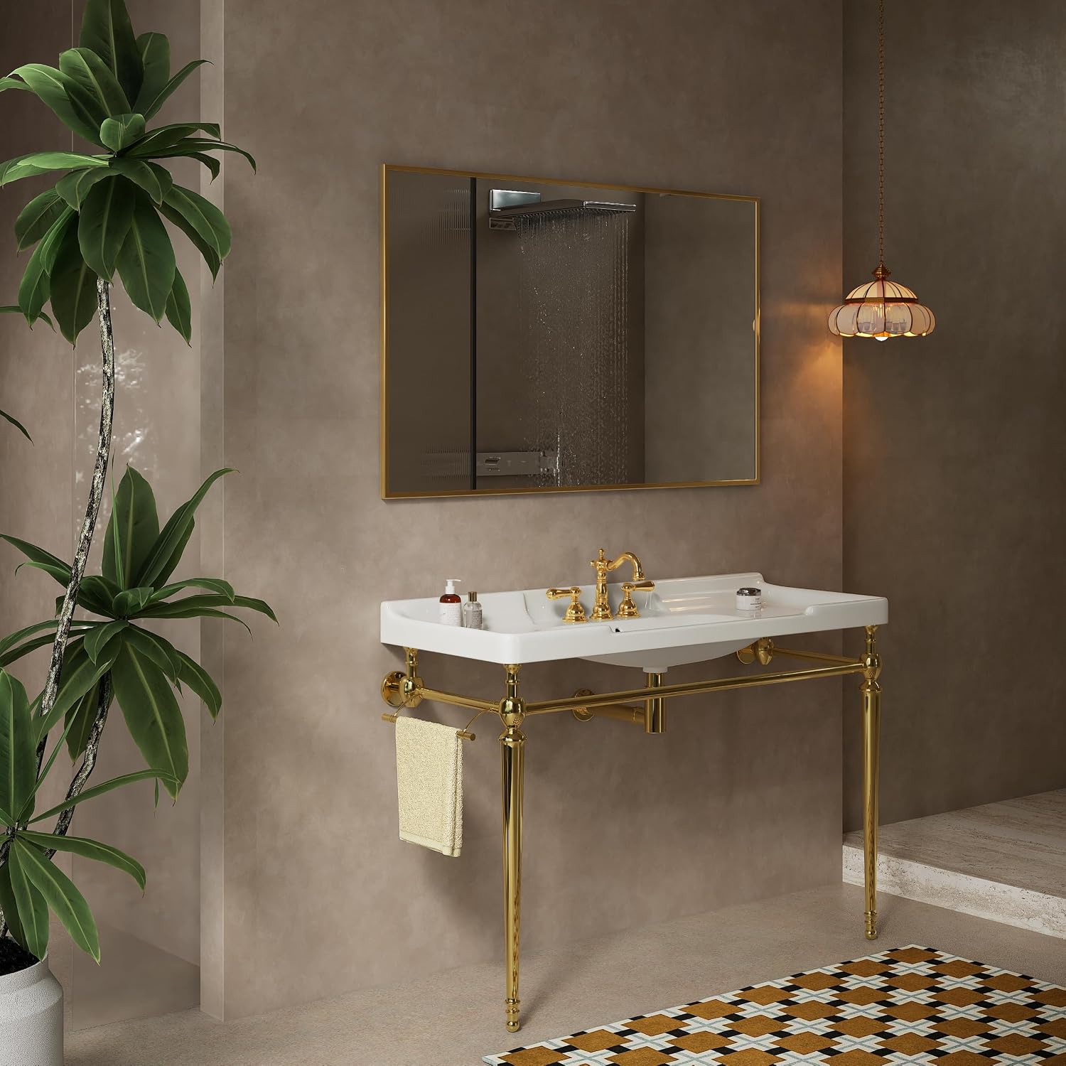 48' Console Bathroom Sink, Freestanding Console Sink With Stainless Brushed Gold Legs, Modern Bathroom Vanity with 3 Tap Holes, White Ceramic Basin