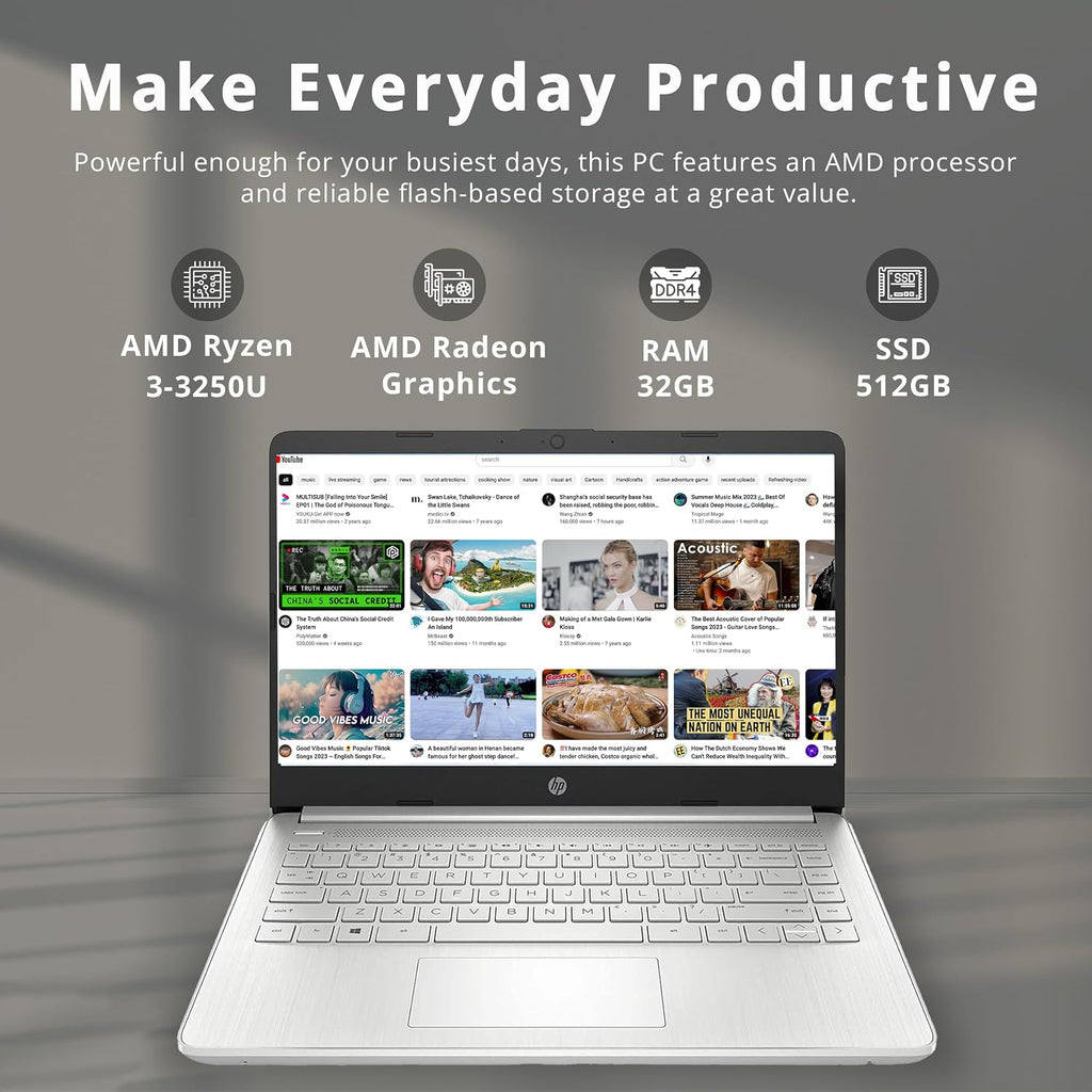 HP 14' FHD IPS Laptop, AMD Ryzen 3 3250U Processor, 32GB RAM, 512GB PCIe SSD, AMD Radeon Graphics, 720p HD Webcam, Dual Speakers, Wi-Fi, Bluetooth, Windows 11 S, Silver (Renewed)