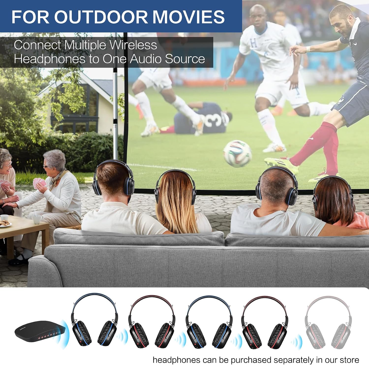 SIMOLIO Wireless Headphones for TV Watching, IR TV Headphones for Home Theater/Outdoor Movie/Car DVD with Transmitter, Tone Control & Dual Channel Options, Digital Optical/RCA/AUX Connection