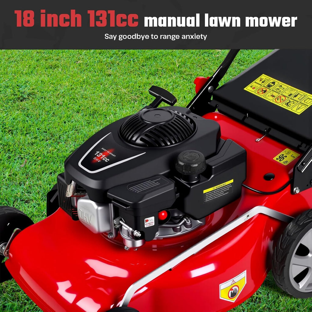 131cc Self Propelled Gas Lawn Mower, 3-in-1 (Bag/Mulch/Side Discharge) with 50L Grass Bag & 8 Height Settings, 21 Inch Cutting Deck & Large Collection Bag, Ideal for Hilly or Uneven Lawns Red