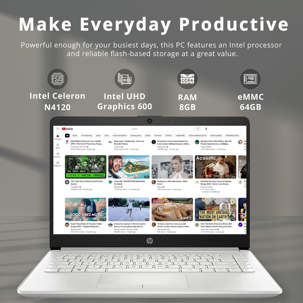 HP Premium Stream 14' HD BrightView Laptop, Intel Celeron N4120, 8GB RAM, 64GB eMMC, Intel UHD Graphics, HD Webcam, 1 Year Office 365, WiFi 5, Bluetooth, Win 11s, Silver, 32GB Hotface USB Card