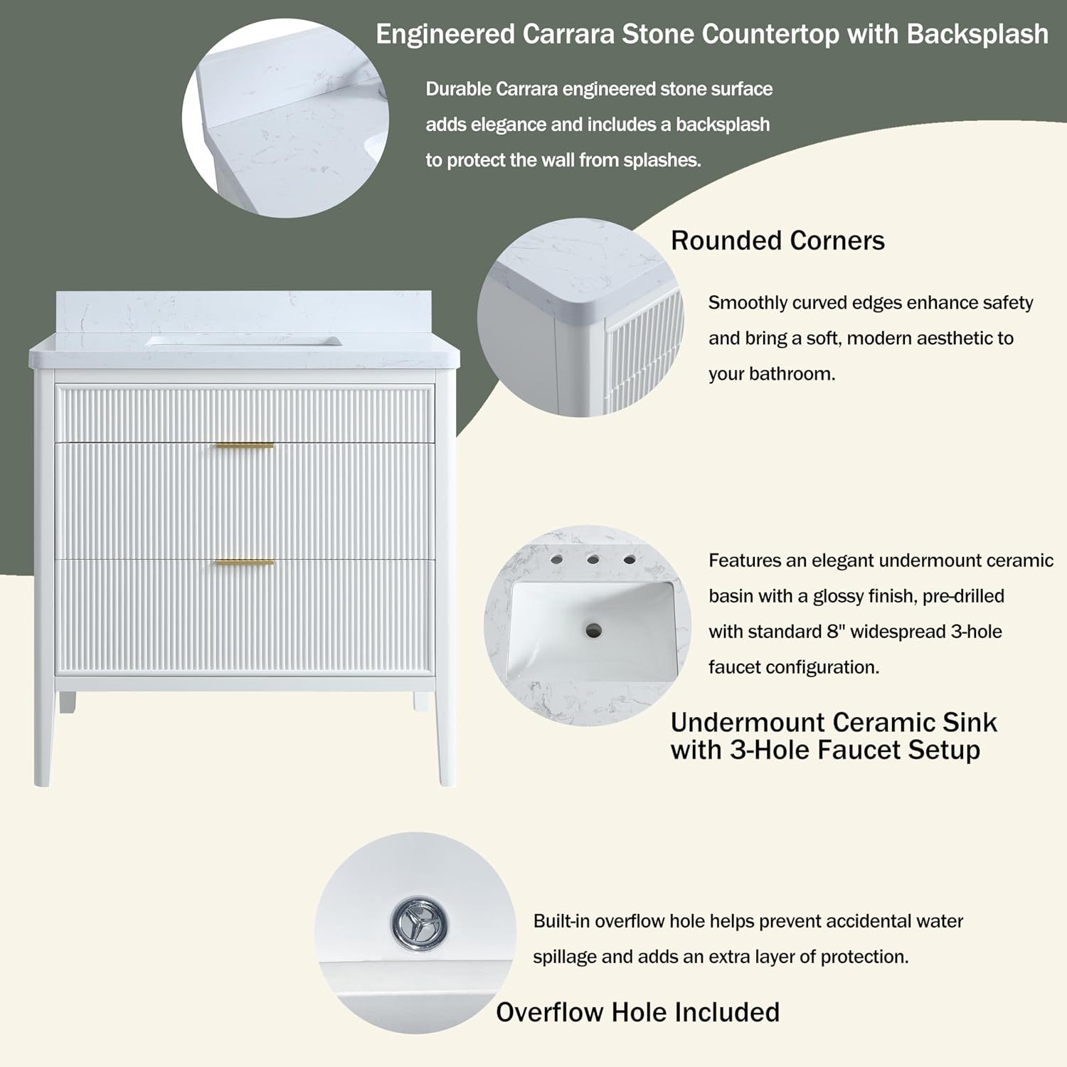 36-Inch Fully Assembled Freestanding Single Sink Bathroom Vanity, 2 Handle Sets (Silver/Gold), Engineered Carrara Marble Top & Solid Rubber Wood, White