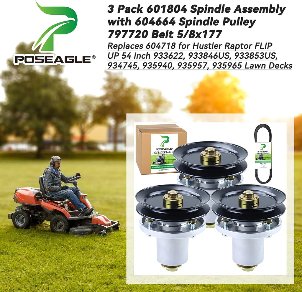 3 Pack 607418 Spindle Assembly with 604664 Spindle Pulley 797720 Belt 5/8x177 Replaces Hustler 601804 Spindle Assembly for Hustler Fastrak 54 inch Spindle, Hustler Raptor SD 54 Spindle