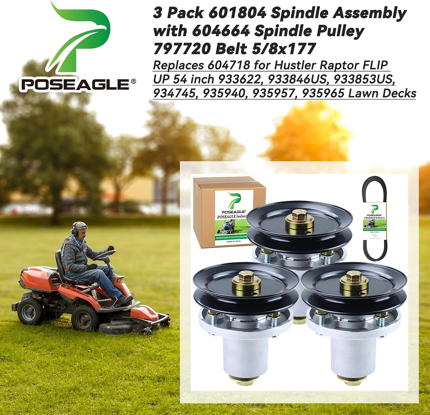 3 Pack 607418 Spindle Assembly with 604664 Spindle Pulley 797720 Belt 5/8x177 Replaces Hustler 601804 Spindle Assembly for Hustler Fastrak 54 inch Spindle, Hustler Raptor SD 54 Spindle