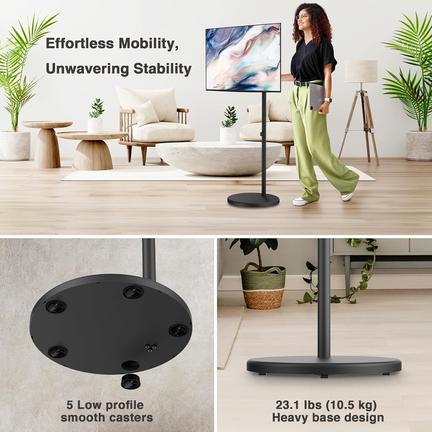 AVLT Single 17 to 43 Inch Portable Monitor Arm TV Rolling Stand with Heavy Base for Screens Up to 22 lbs, Mechanical Spring Height Adjustment, Screen Rotation, Mobile Low Profile Caster Wheel, Black