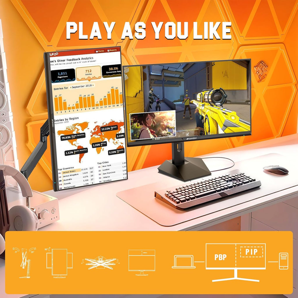 SANSUI Gaming Monitor 27 inch 1440p 200Hz 180Hz, WQHD Fast IPS 1ms Computer Monitor, FreeSync Premium | Brightness 400Nits | 130% sRGB | 10Bits | HDR | ErgoStand | VESA Mount | 2×DP 1.2 & 2×HDMI