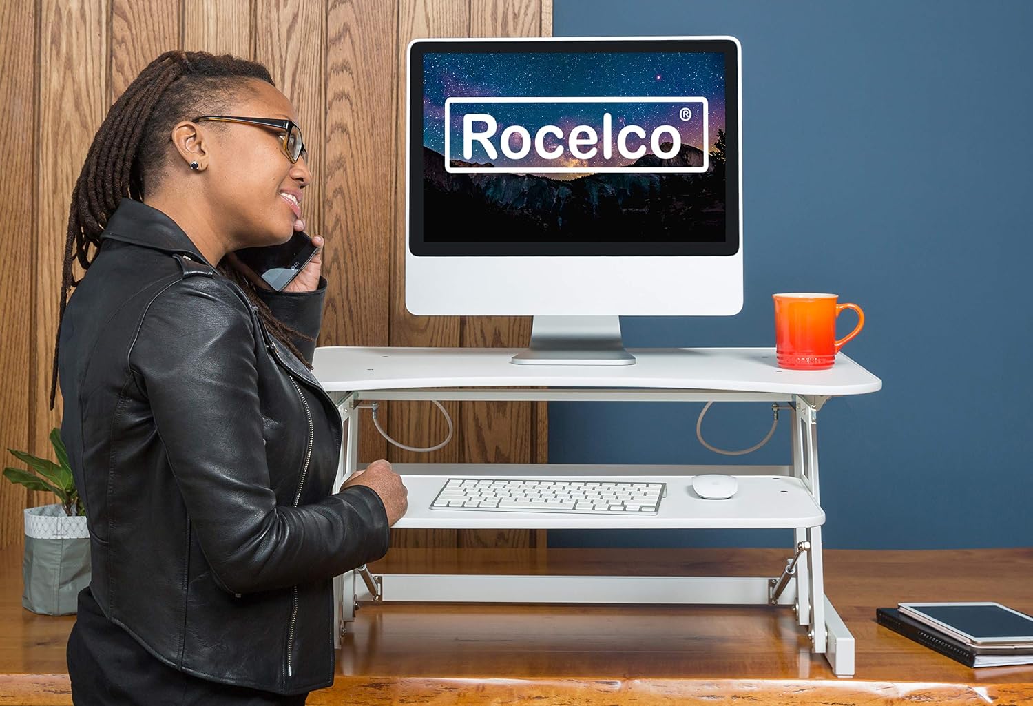 Rocelco 32' Height Adjustable Standing Desk Converter - Quick Sit Stand Up Dual Monitor Riser - Gas Spring Assist Tabletop Computer Workstation - Large Retractable Keyboard Tray - White (R ADRW)