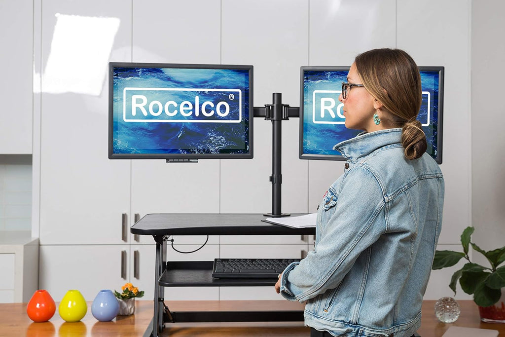 Rocelco 40' Large Height Adjustable Standing Desk Converter with Dual Monitor Mount BUNDLE - Quick Sit Stand Up Computer Workstation Riser - Retractable Keyboard Tray - Black (R DADRB-40-DM2)