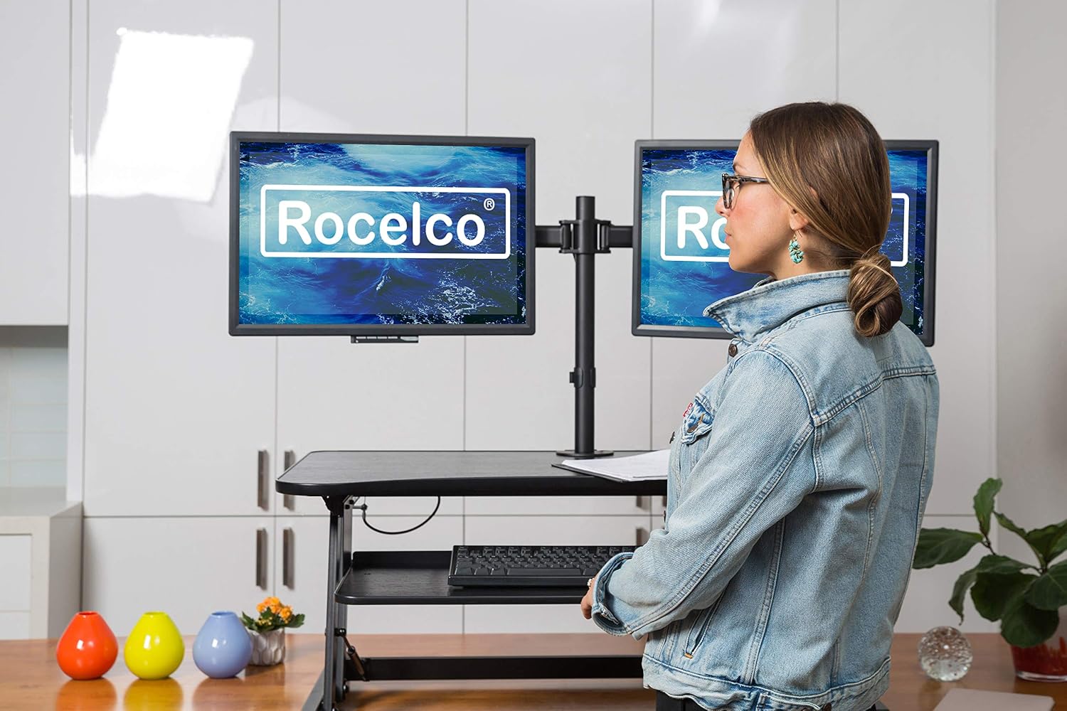 Rocelco 40' Large Height Adjustable Standing Desk Converter with Dual Monitor Mount BUNDLE - Quick Sit Stand Up Computer Workstation Riser - Retractable Keyboard Tray - Black (R DADRB-40-DM2)