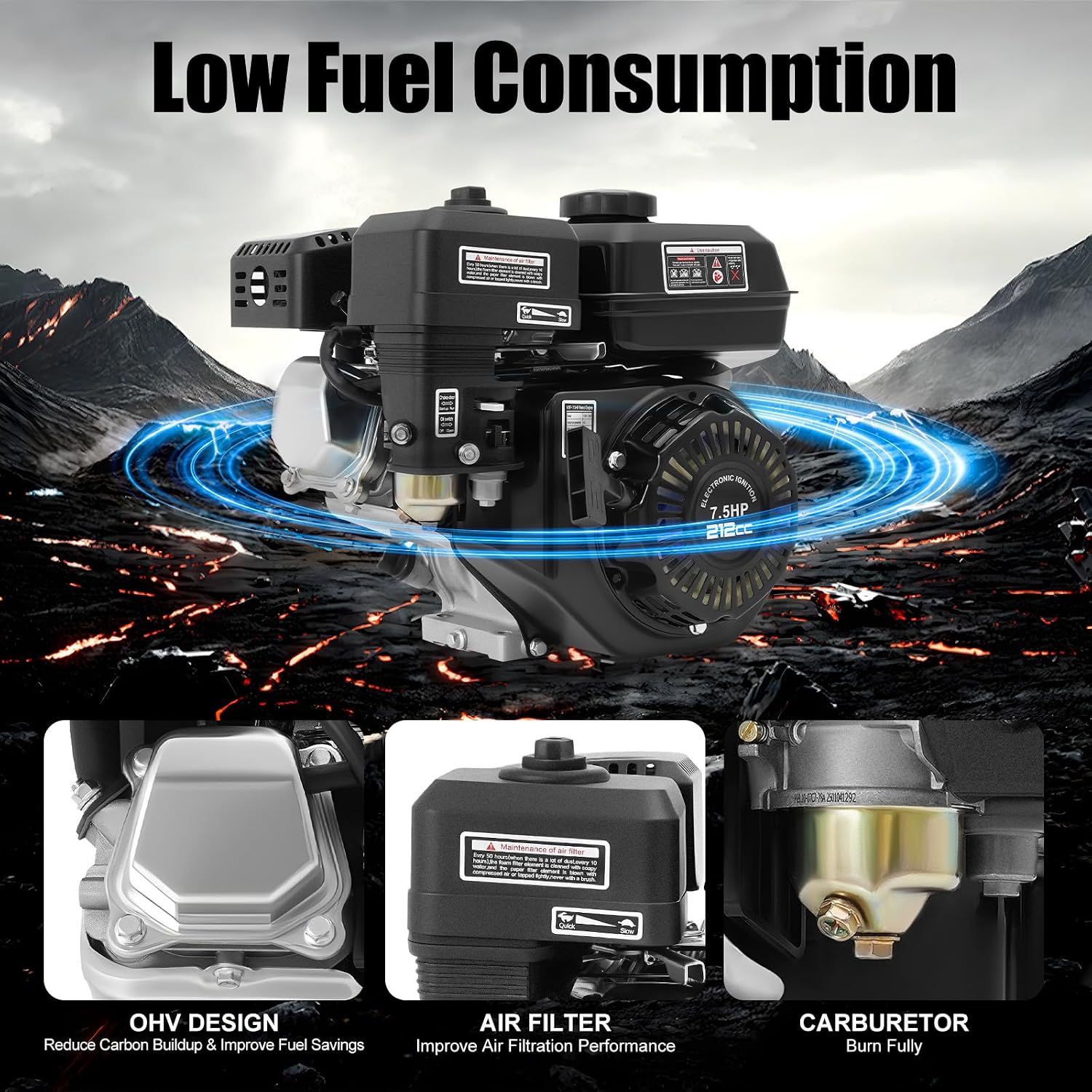 4 Stroke Gasoline Engine, 7.5HP GX160 Gas Engine OHV Air Cooled Pull Start Motor, 210CC Single Cylinder Pull Start Gas Powered Motor for Compressor, Lawn Mower, Water Pump, Pressure Washer, Go Kart