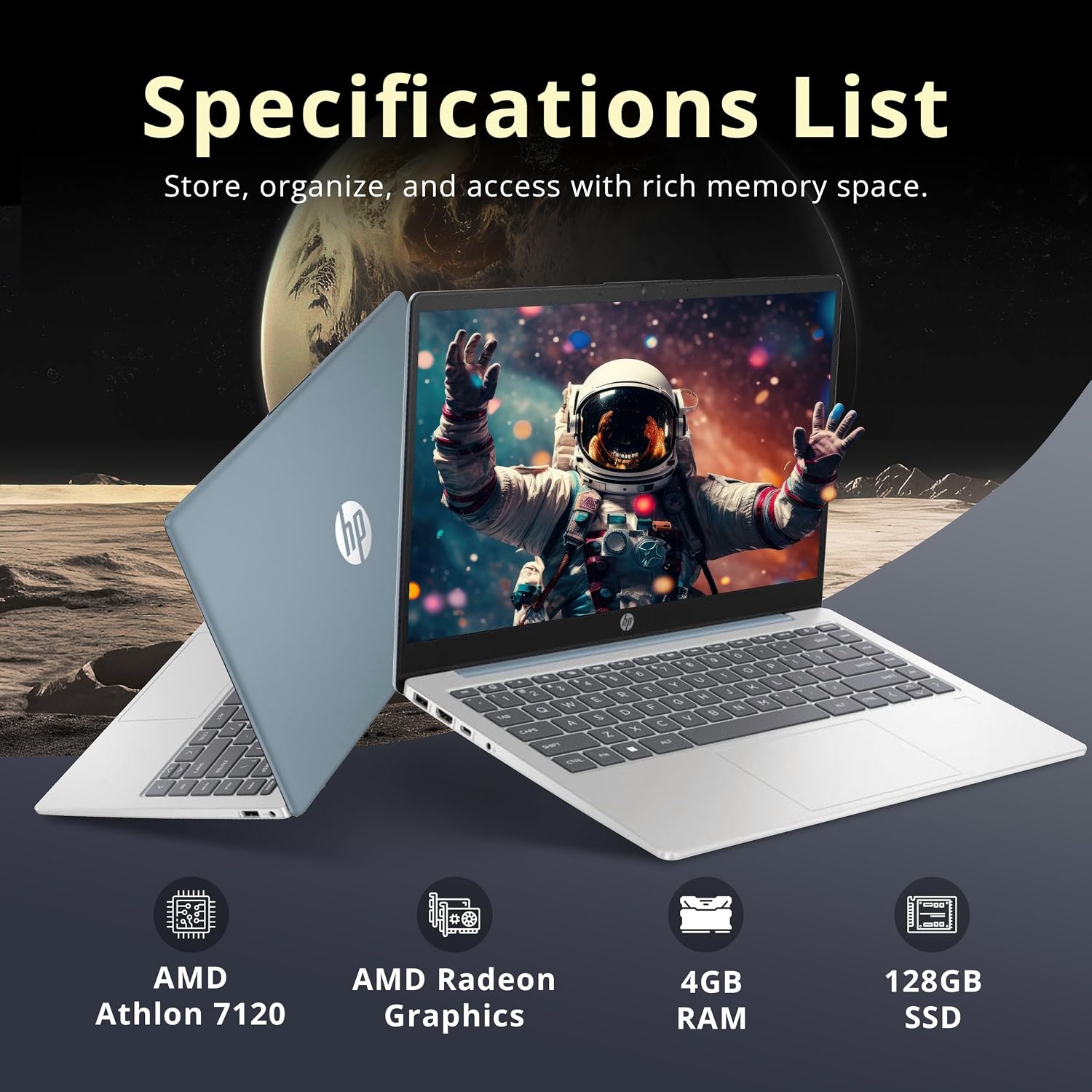 HP 14' HD Laptop for Business, AMD Athlon 7120 Processor, 4GB DDR4 RAM, 128GB SSD, AMD Radeon Graphics, 720p HD Camera, Copilot, Wi-Fi 6, Windows 11 Pro, Moonlight Blue, 32GB USB Card
