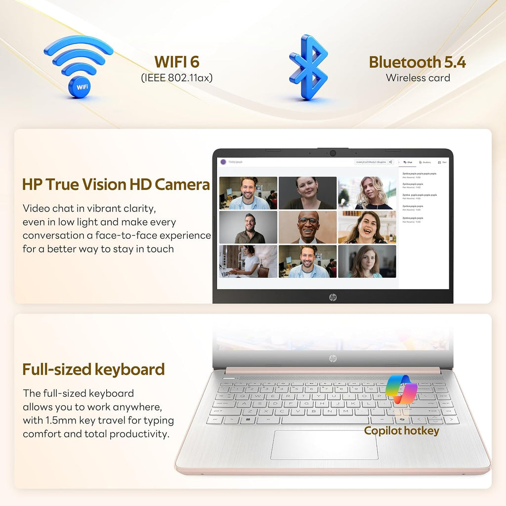 HP Flagship 14' HD Student&Business Laptop with AI Copilot, 13th Gen Intel 4-Core, 16GB RAM, 256GB Storage (128GB UFS + 128GB Docking Station), 1 Year Office 365, 720p Webcam, Win 11, Pale Rose Gold