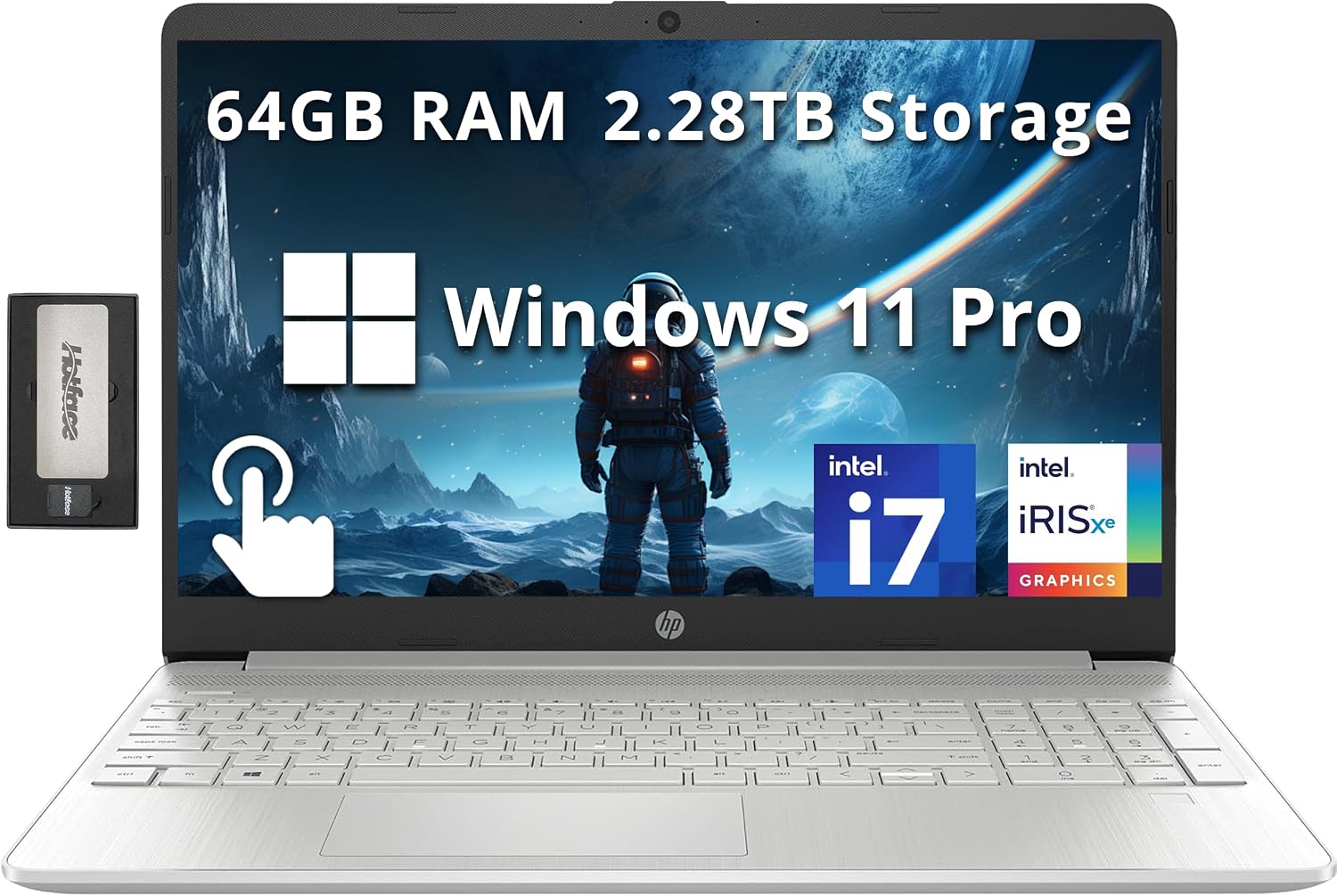 HP 15.6' FHD Touchscreen Business Laptop, Intel i7-1255U, 64GB RAM, 2.28TB Storage (2TB SSD+288GB Docking Station Set), Intel Iris Xe Graphics, Full-Size Keyboard, HD Webcam, Windows 11 Pro, Silver
