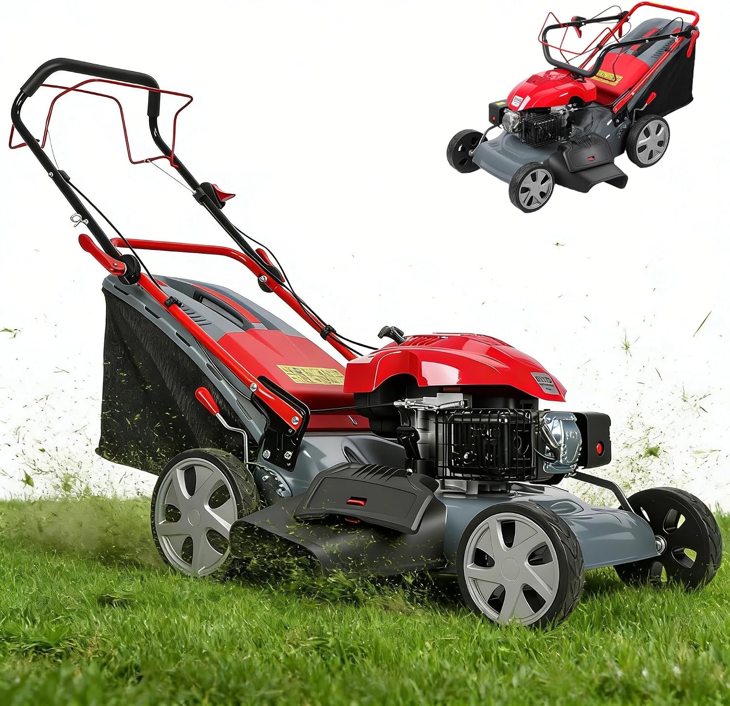 3-in-1 Gas Lawn Mower, 173CC Self Propelled Lawn Mower with 60L Grass Bag, 20' Cutting Deck, Adjustable Cutting Height Foldable Clearance Lawns Mowers Cordless for Yard & Garden Care 2800rpm Red