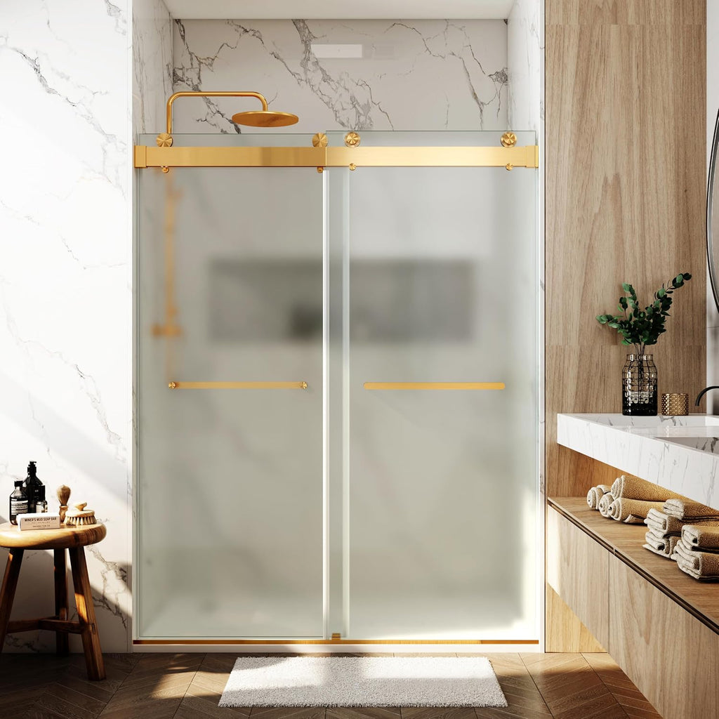 56-60' W x 79' H Single Sided Frosted Shower Doors Soft Close Double Sliding Frameless 3/8'(10mm) Tempered Glass with Towel Bar Handle (Brushed Gold)