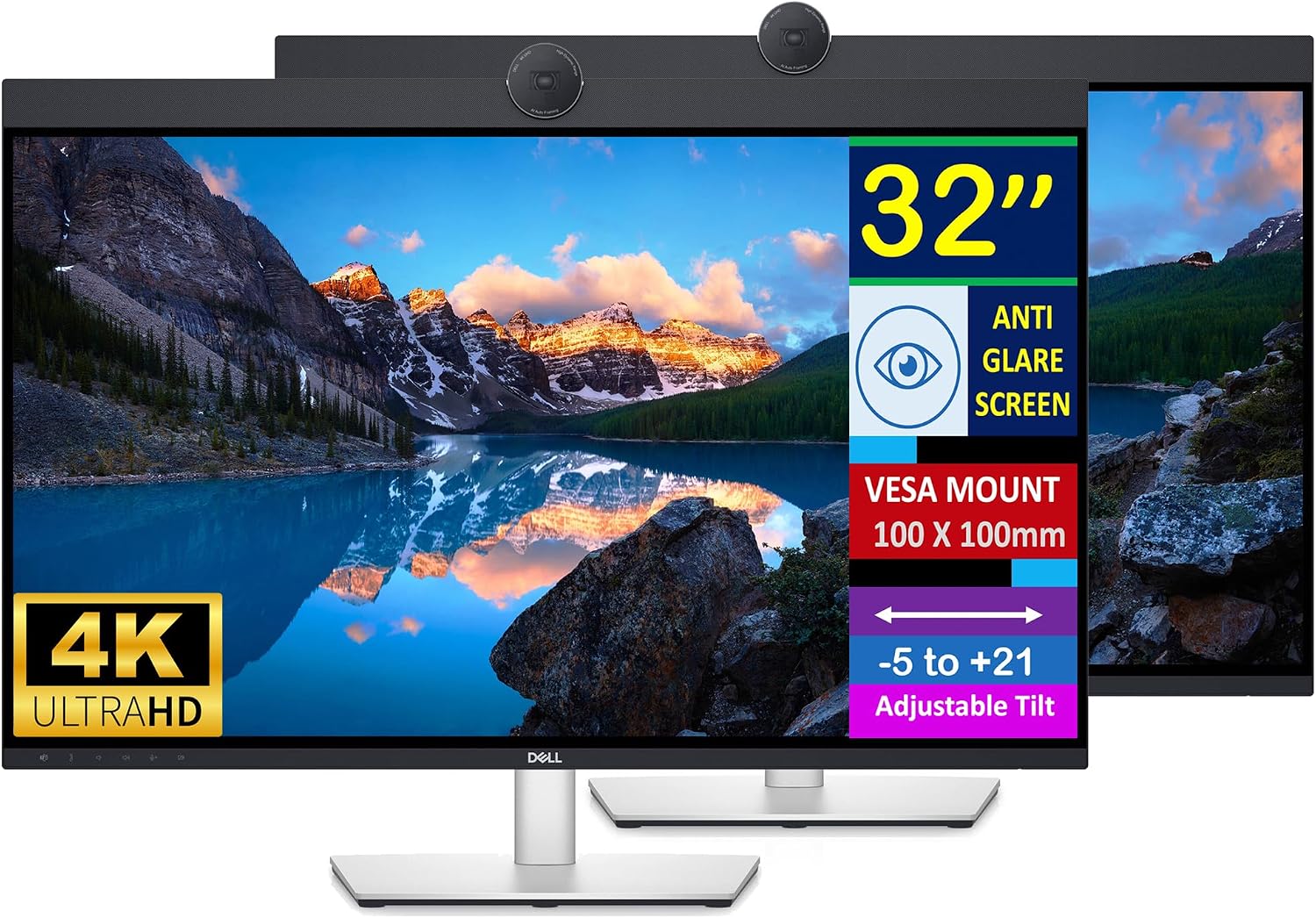 Dell UltraSharp 32' 4K UHD IPS Video Conferencing Monitor w/5ms Response Time, Built-in Speakers, Anti Glare, VESA Mount (100mm), DisplayPort, HDMI, Black/Silver (U3223QZ) 2 Pack