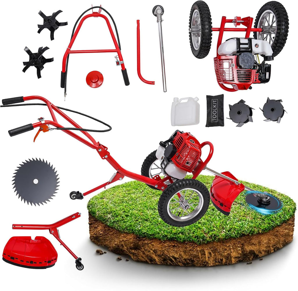 Weed Wacker, 2 Stroke 49 CC Gasoline Weed Eater, 6500-7000R/Min Hand Push Weed Wacker, 0.95L Small Weedwacker, can Folded Rear Wheel, for Mountains, Hills, Plains, Orchards Etc
