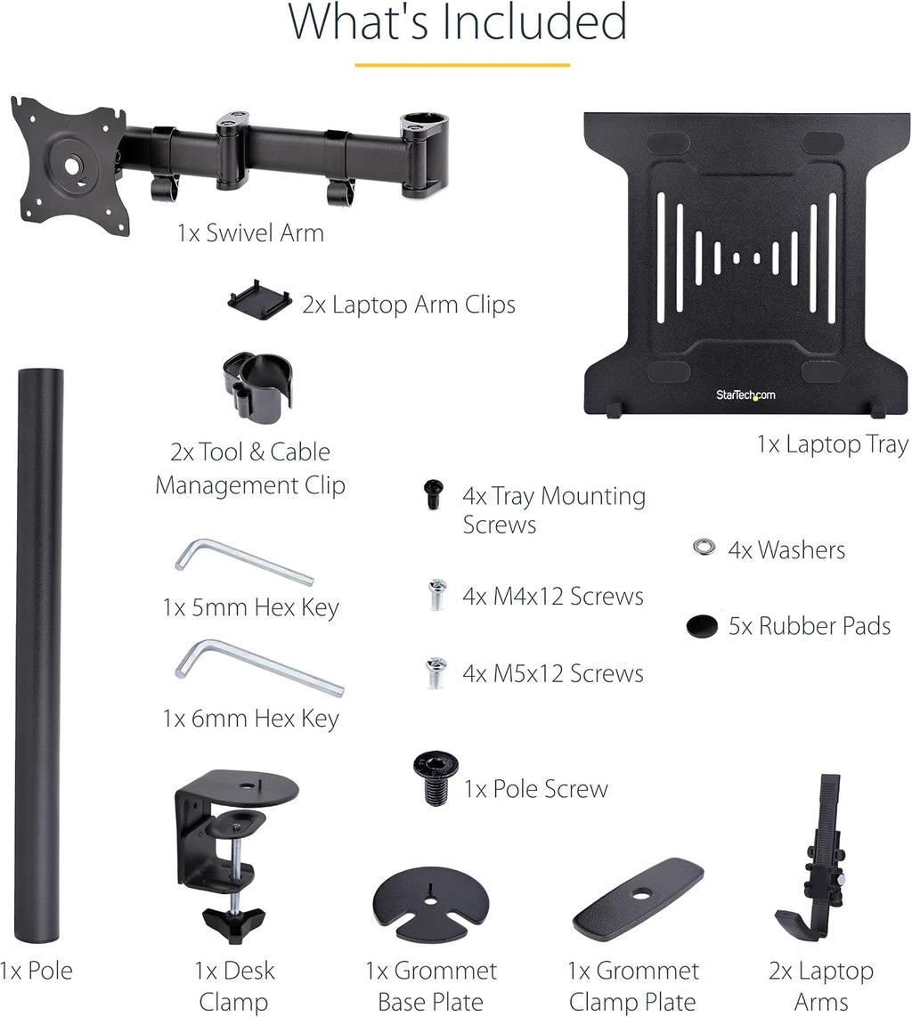 StarTech.com Laptop Desk Mount, VESA Monitor Mount for Displays up to 34' 17.6lb/8kg or Laptops up to 9.9lb (4.5kg), Articulating Arm Tray with Clamp or Grommet Base