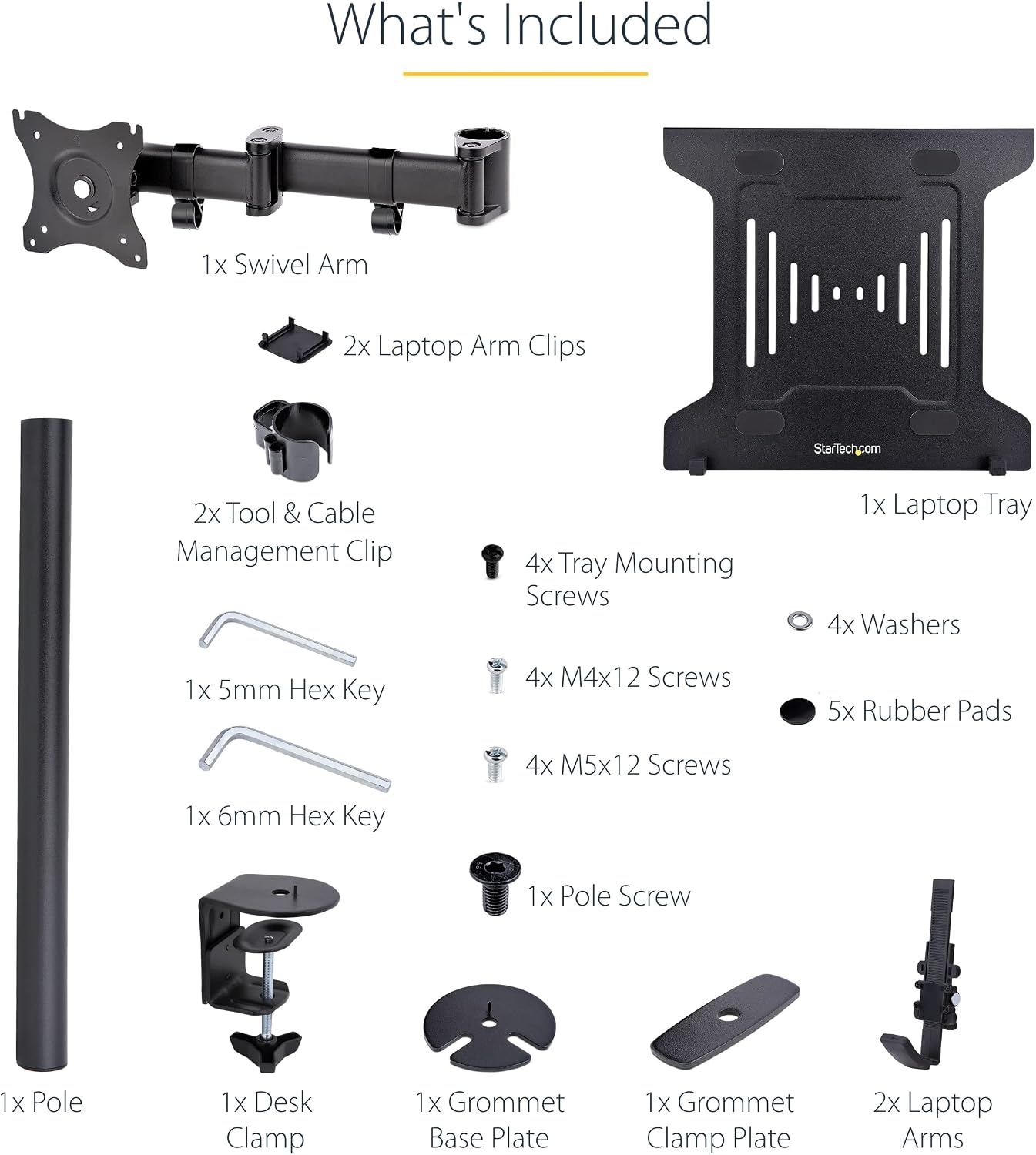 StarTech.com Laptop Desk Mount, VESA Monitor Mount for Displays up to 34' 17.6lb/8kg or Laptops up to 9.9lb (4.5kg), Articulating Arm Tray with Clamp or Grommet Base