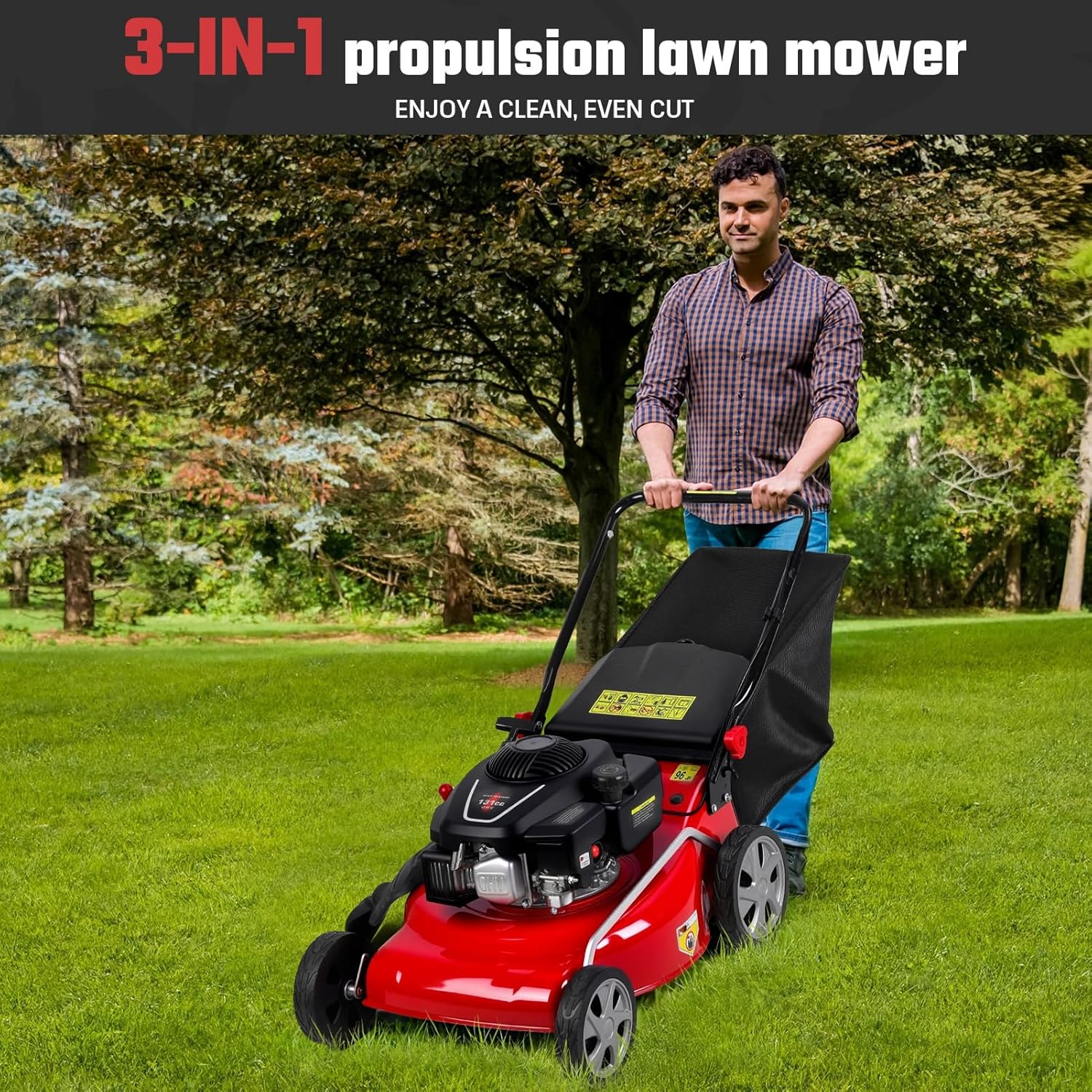 3 in 1 Self Propelled Gas Lawn Mower, 131cc 4-Stroke Engine with 50L Grass Tank & Forced Air-Cooling, 8 Cutting Heights Foldable Lawn Mower for Yard & Garden(Bag/Mulch/Side Discharge) Red
