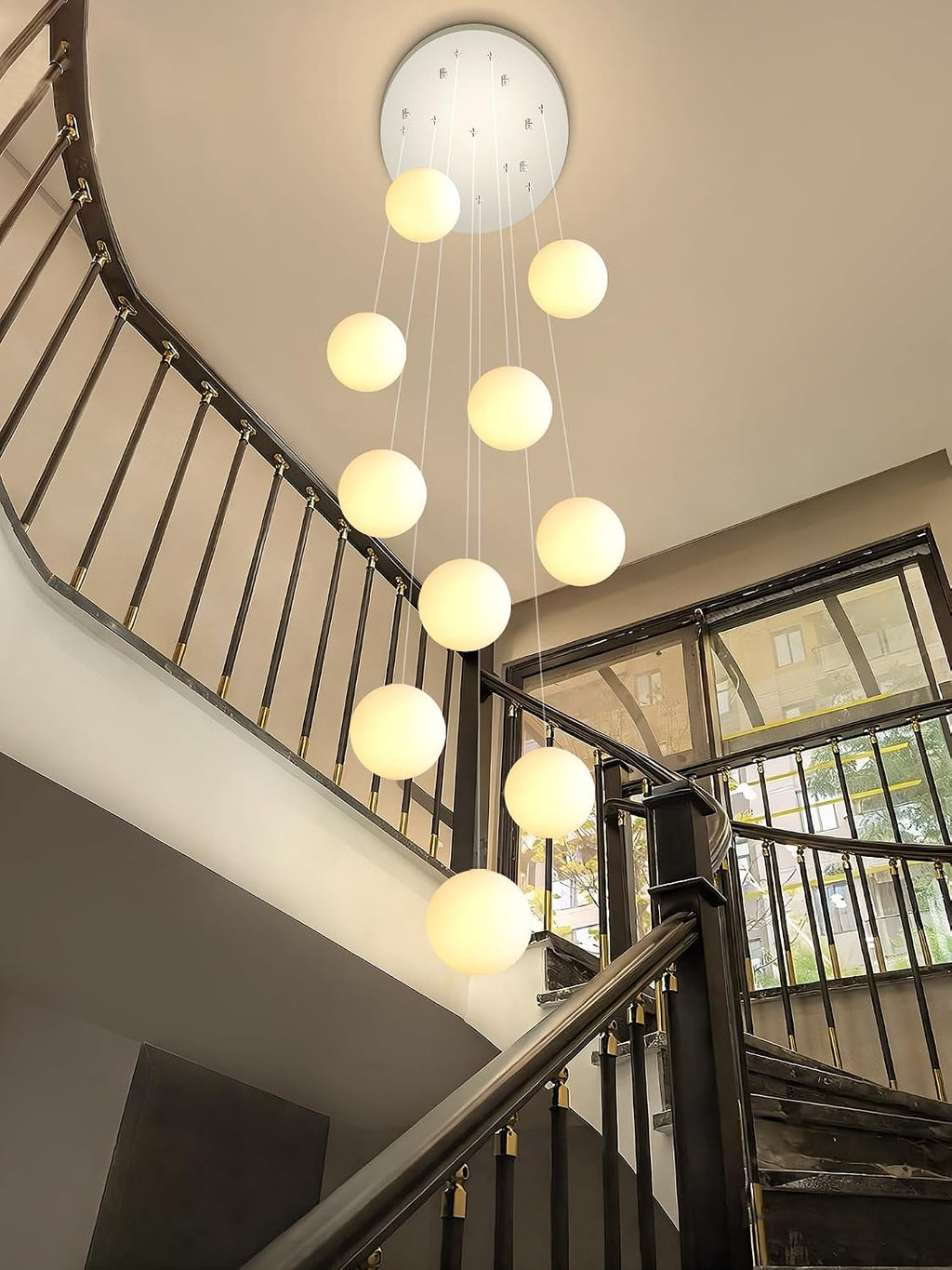 ykolupty LED Staircase Chandelier Glass Globe Pendant Light Chrome Large Chandeliers for High Ceiling,10-Lights Hanging Flush Mount Lighting Fixtures for Foyer,Entryway,Living Room