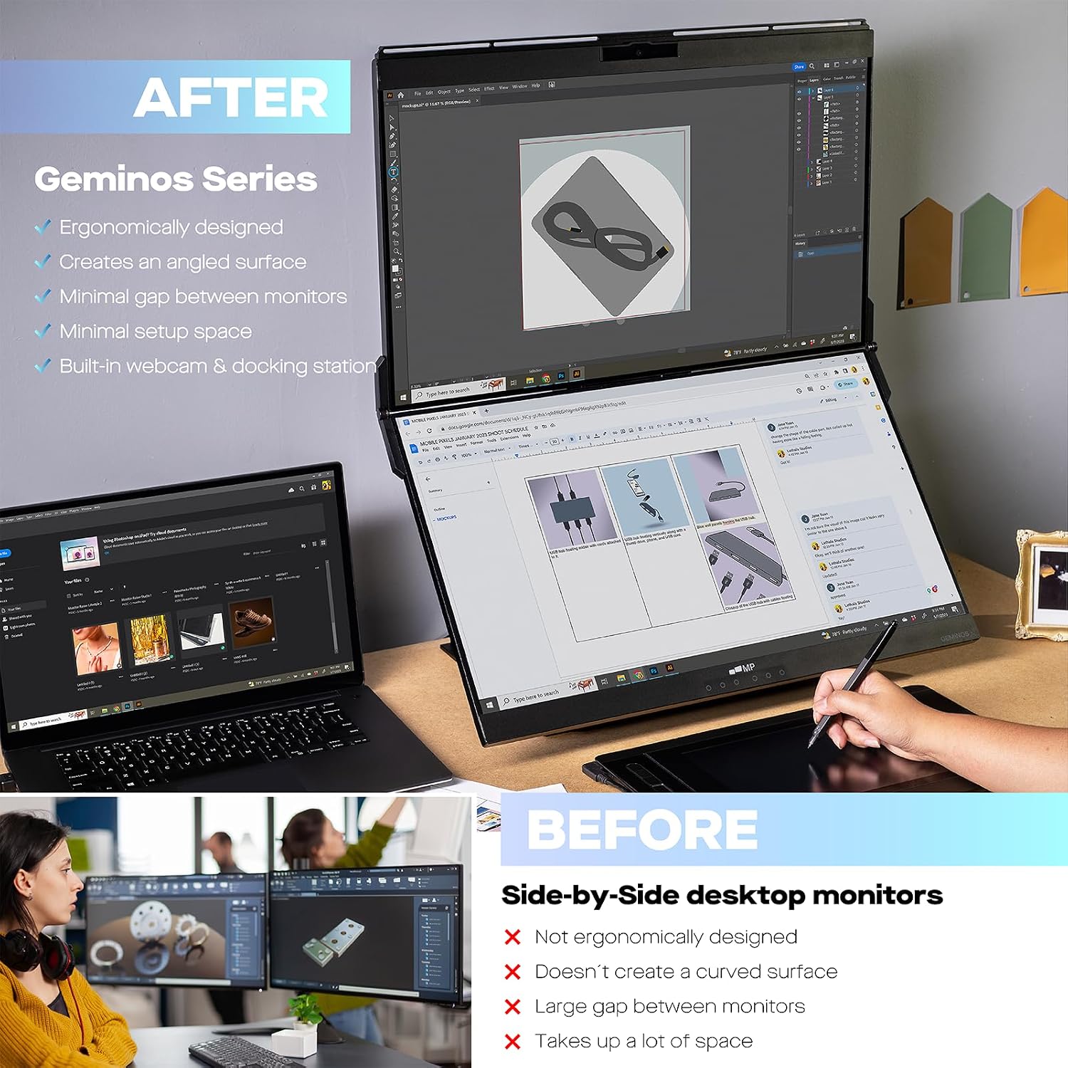 Mobile Pixels Geminos T (2 x 24 inch) Dual Stacked Computer Monitor with All-inclusive Workstation, 65W USB-C Charging Touchscreen, 1080P Webcam&Speakers, USB-A/USB-C/HDMI, Ergo Design (2 Monitors)