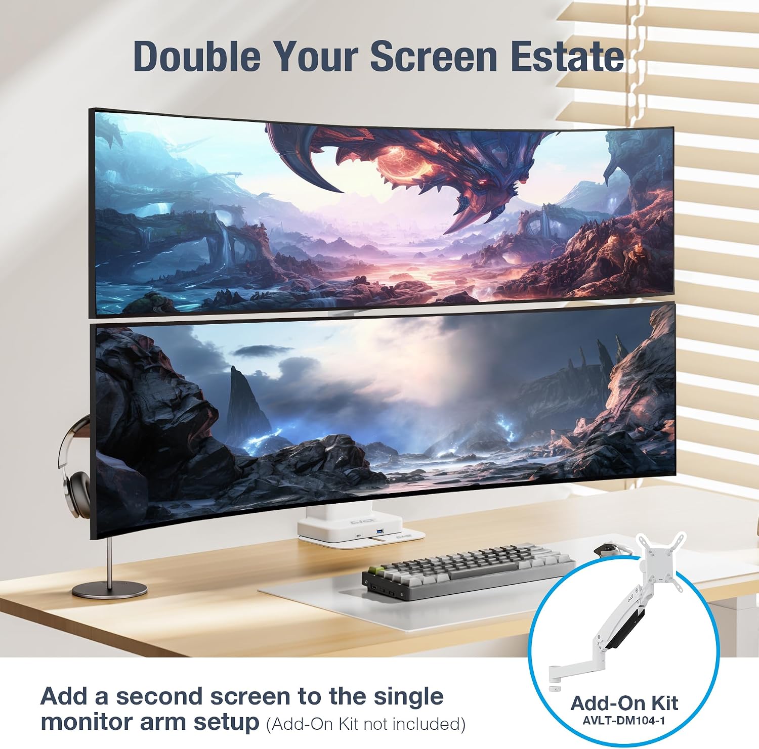 AVLT Single 57 Inch Heavy Duty Monitor Arm Pole Top Mount with USB-C&A Ports-White, Height Adjustable, Easy Install Top C-Clamp/Grommet with Reinforcement Plates, VESA Compatible 200/100/75