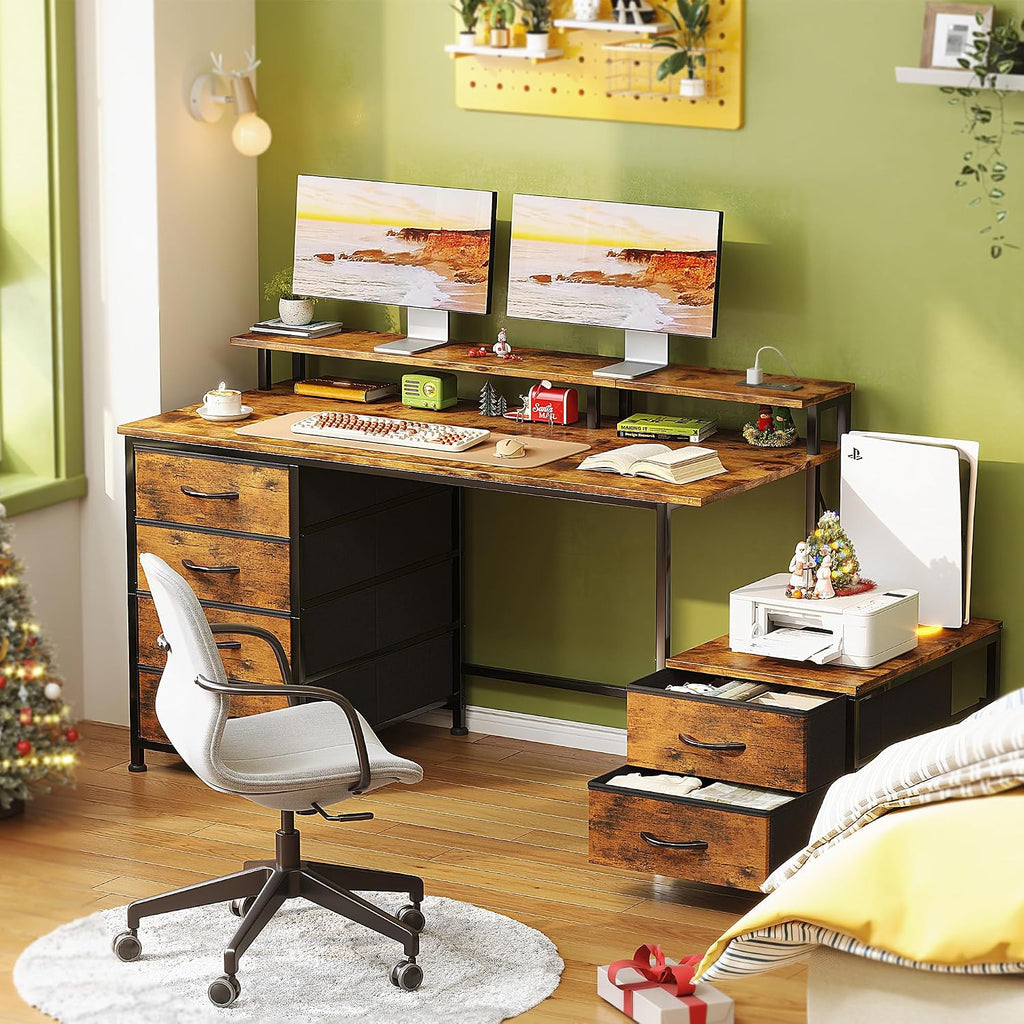 52 Inch Office Desk with 6 Drawers and Printer Space for Storage, Reversible Computer Desk with Monitor Stand & Power Outlets, Home Office Desks, Vintage