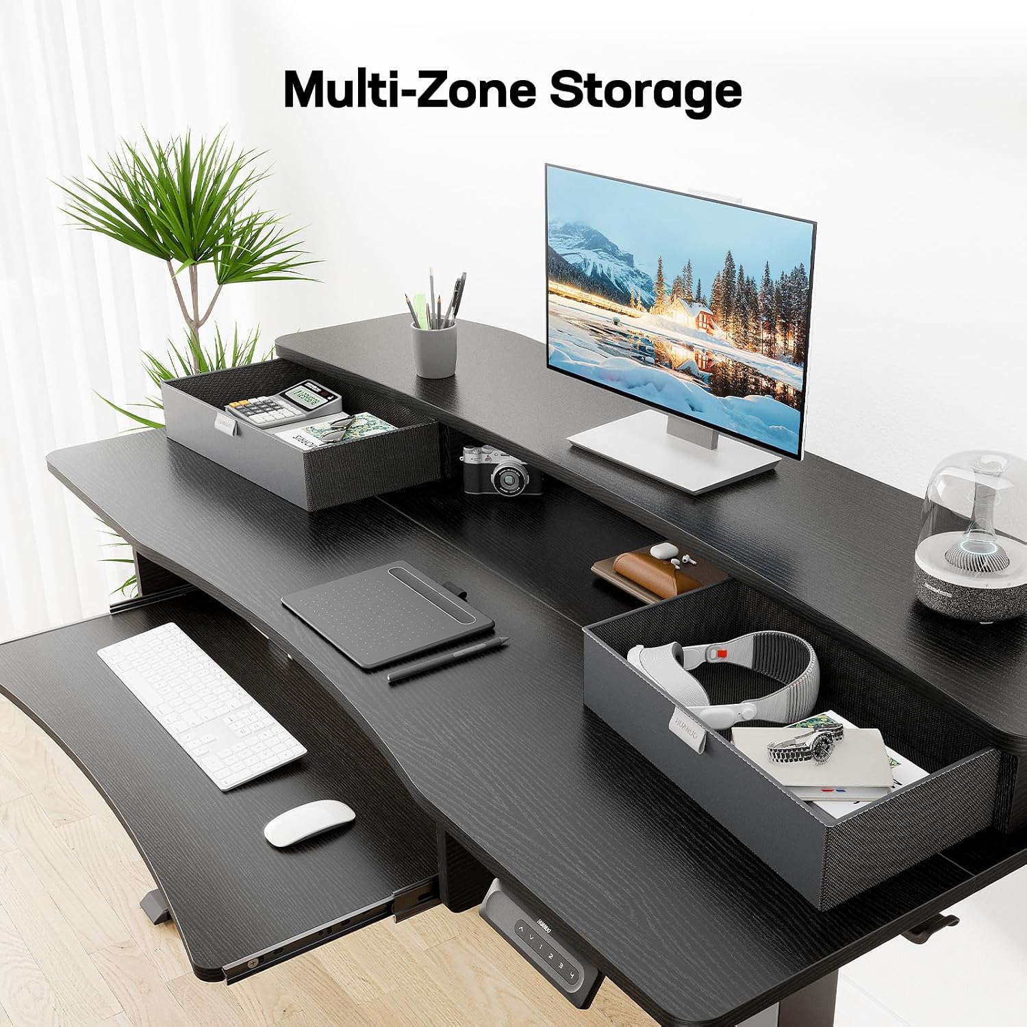 HUANUO 55' x 26' Electric Standing Desk with 2 Drawers & 26.7' Large Keyboard Tray, C-Clamp Mount Compatible, Adjustable Computer Desk for Home Office, Stand Up Desk with 4 Height Presets, Black