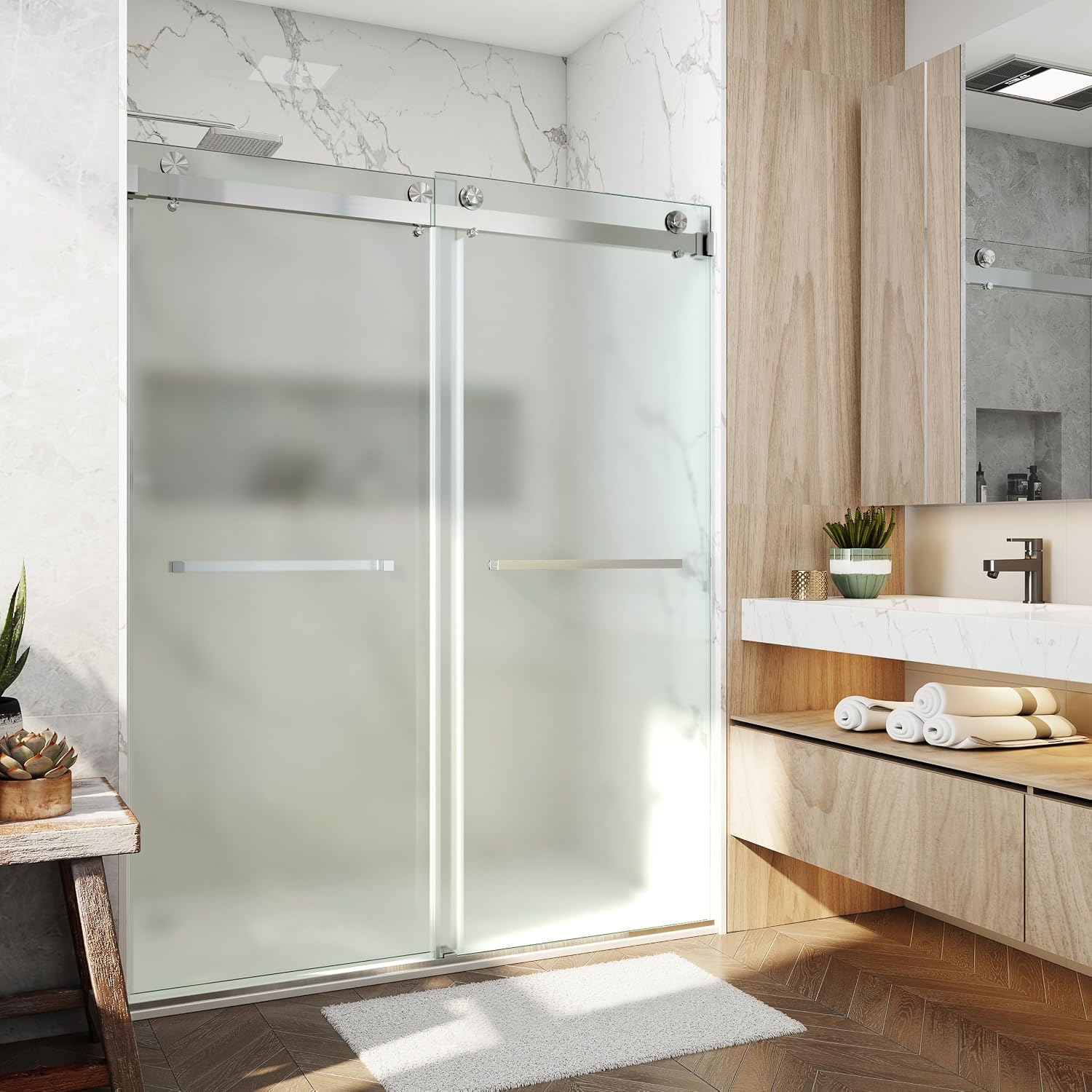 56-60' W x 76' Ultra-Clear Single Sided Frosted Shower Doors Double Sliding Frameless 3/8'(10mm) Tempered Glass with Towel Bar Handle (Brushed Nickel)