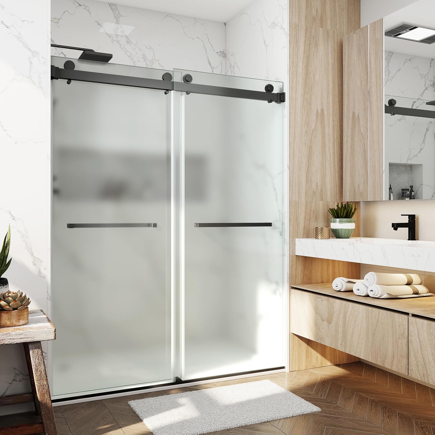 56-60' W x 76' Ultra-Clear Single Sided Frosted Shower Doors Double Sliding Frameless 3/8'(10mm) Temperedd Glass with Towel Bar Handle (Matte Black)