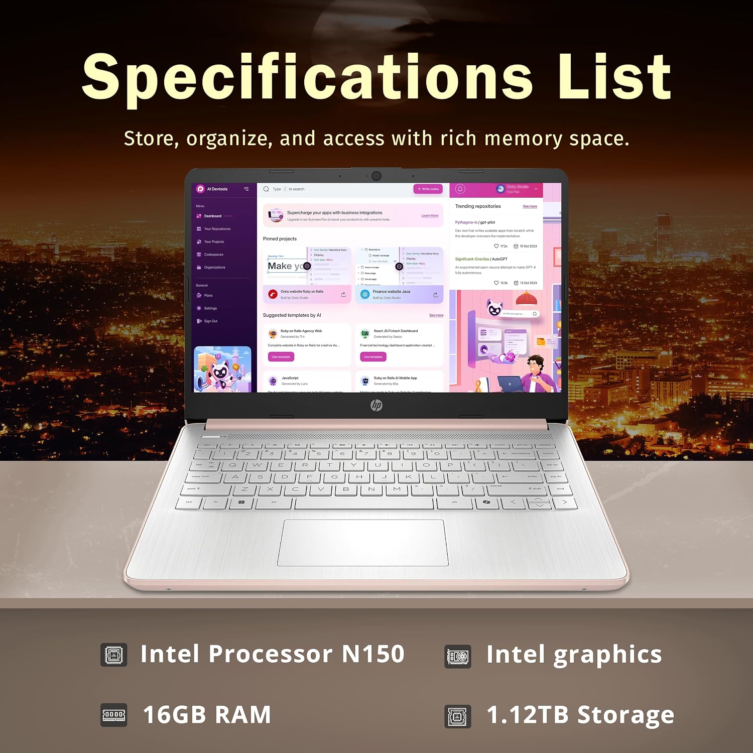 HP Stream 14' Laptop for Students & Business, Intel Processor N150, 16GB RAM, 1.12TB Storage (128GB UFS+1TB Docking Station Set), Wi-Fi 6, 1 Year Office 365, Copilot AI, Fast Charge, Win 11s, Gold