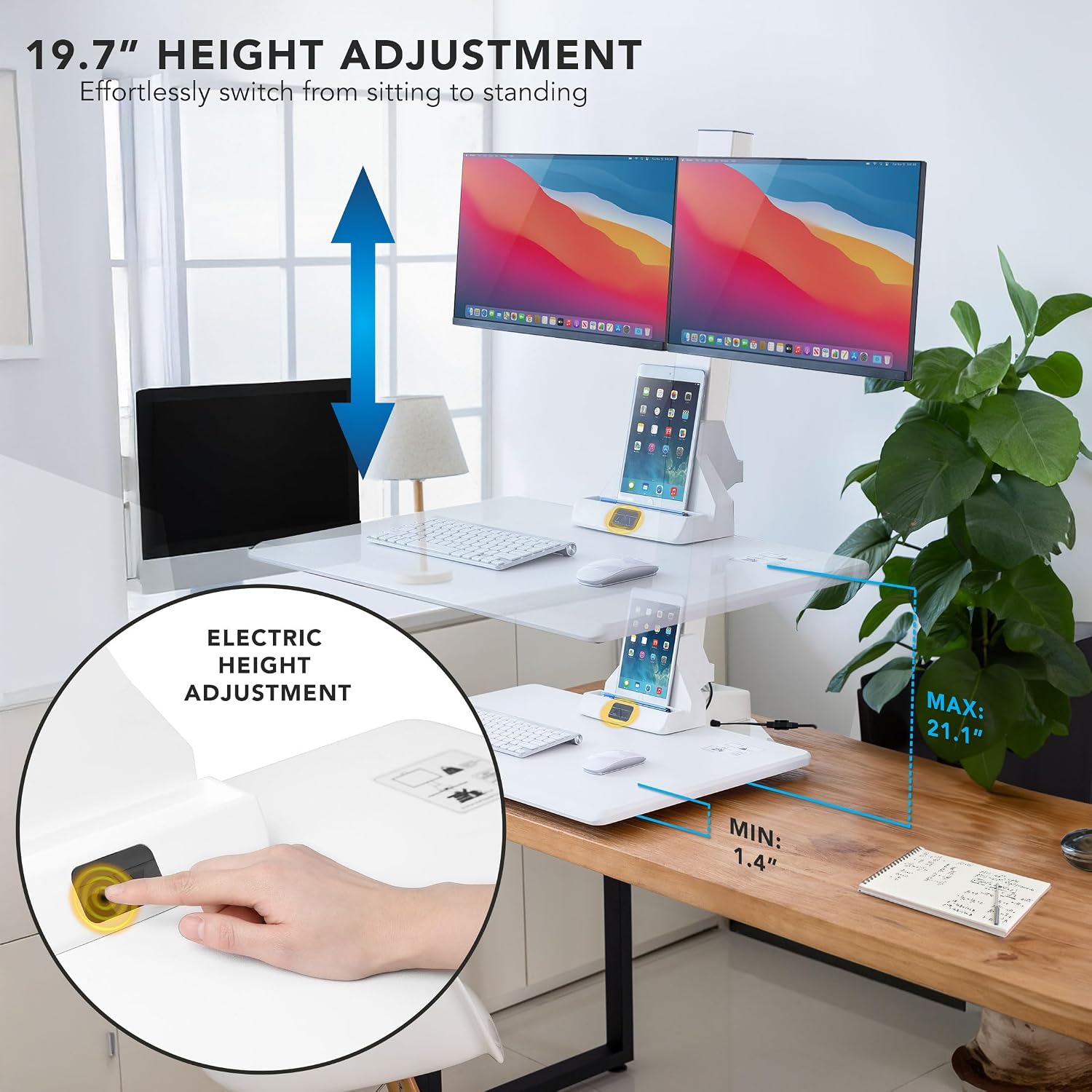 Mount-It! Electric Standing Desk Converter, Motorized Sit Stand Desk Riser with Dual Monitor Mounts, Adjustable Height Ergonomic Workstation with 28' Wide Platform and Tablet/Phone Slot, White