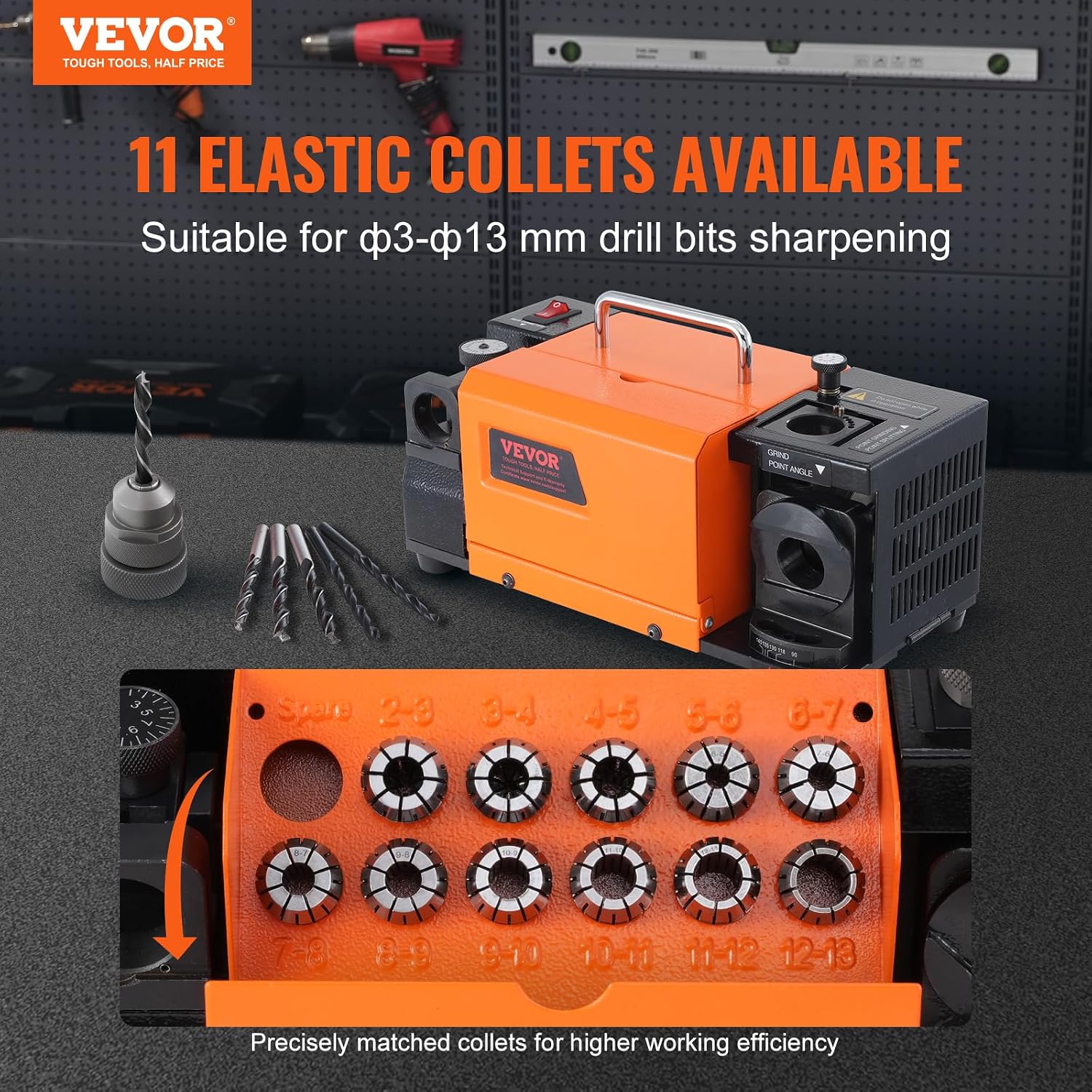 VEVOR Drill Bits Sharpener, 3-13mm Drill Bits Grinder Sharpener, Lip Relief Angle & 95°-135° Point Angle Adjustable Drill Bit Re-Sharpener, Portable Sharpening Machine with 11 Collets, CBN & SDC Wheel