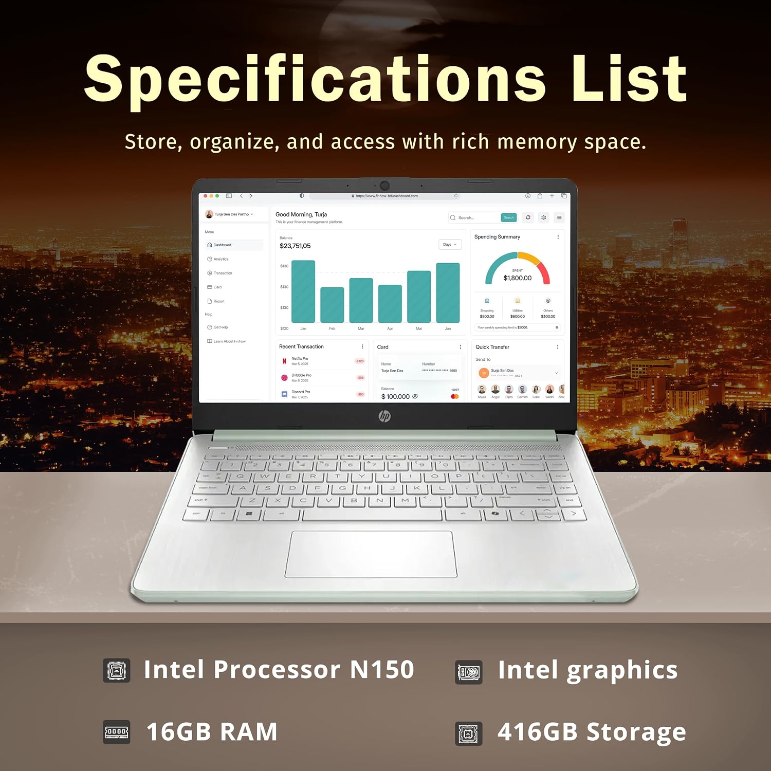 HP 14-inch Ultra Light Laptop W/1 Year Office 365&AI-Copilot, Intel Processor N150, 16GB RAM, 416GB Storage (128GB UFS + 288GB Docking Set), HD Camera, Long Battery Life, Wi-Fi 6, Win 11s, Green