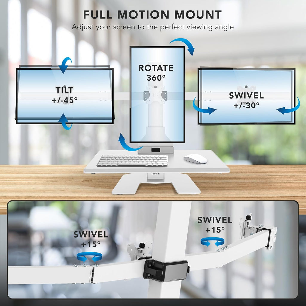 Mount-It! Triple Monitor Electric Standing Desk Converter - 3 Monitor Standing Desk is Height Adjustable, Sit-Stand Converting Desk for Home, Office Monitor Mounts Fits Screens up to 32' White