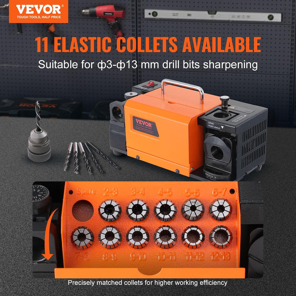 VEVOR Drill Bits Sharpener, MR-13A Drill Bits Grinder Sharpener 3-13mm, 95° to 135° Point Angle Adjustable Drill Bit Re-Sharpener, Portable Bits Sharpening Machine with 11 Collets, CBN Wheel for HSS