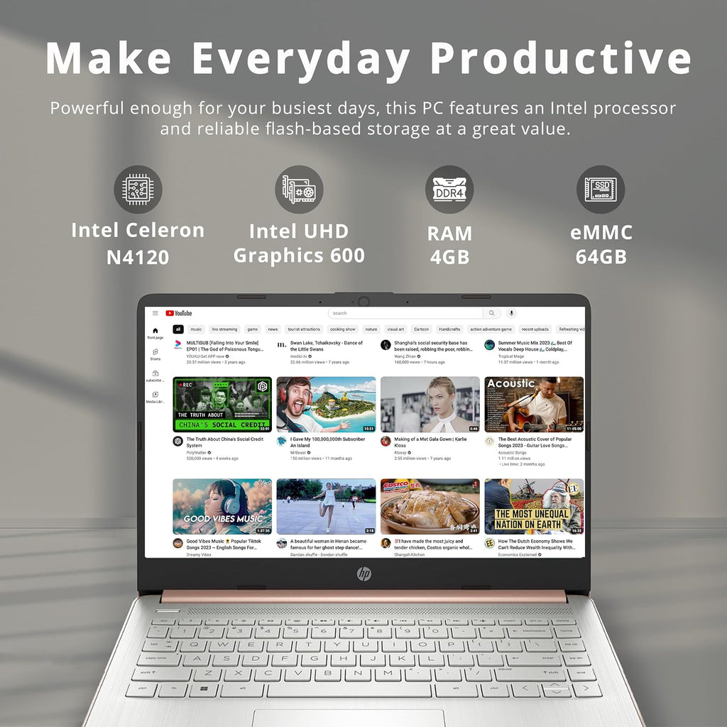 HP 2022 Stream 14' HD BrightView Laptop, Intel Celeron N4120, 4GB RAM, 64GB SSD, Intel HD Graphics, 720p Webcam, 1 Year Office 365, Gold, Win 11, 32GB Snowbell USB Card