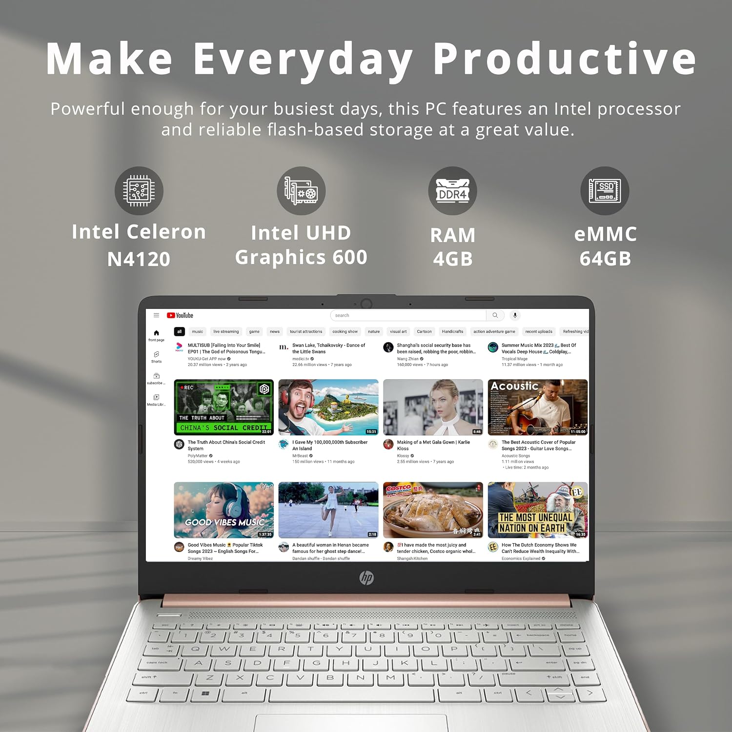HP 2022 Stream 14' HD BrightView Laptop, Intel Celeron N4120, 4GB RAM, 64GB SSD, Intel HD Graphics, 720p Webcam, 1 Year Office 365, Gold, Win 11, 32GB Snowbell USB Card