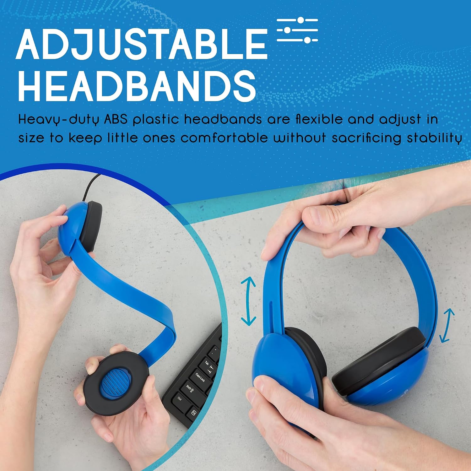 Egghead Heavy-Duty Kids' Headphones with Padded Ear Cups and 6' Cord, Adjustable Tangle-Free Plastic Classroom Headphones for Kids, Blue (Pack of 40)